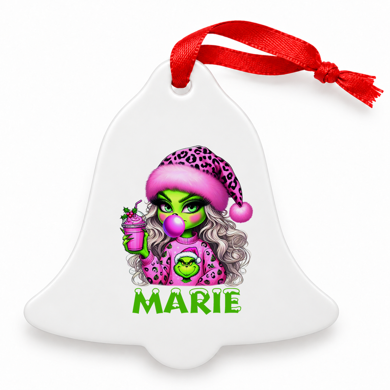 Weihnachtsanhänger personalisiert Lady-Grinch 5 mit Wunschnamen – Rund, Stern, Herz oder Glocke