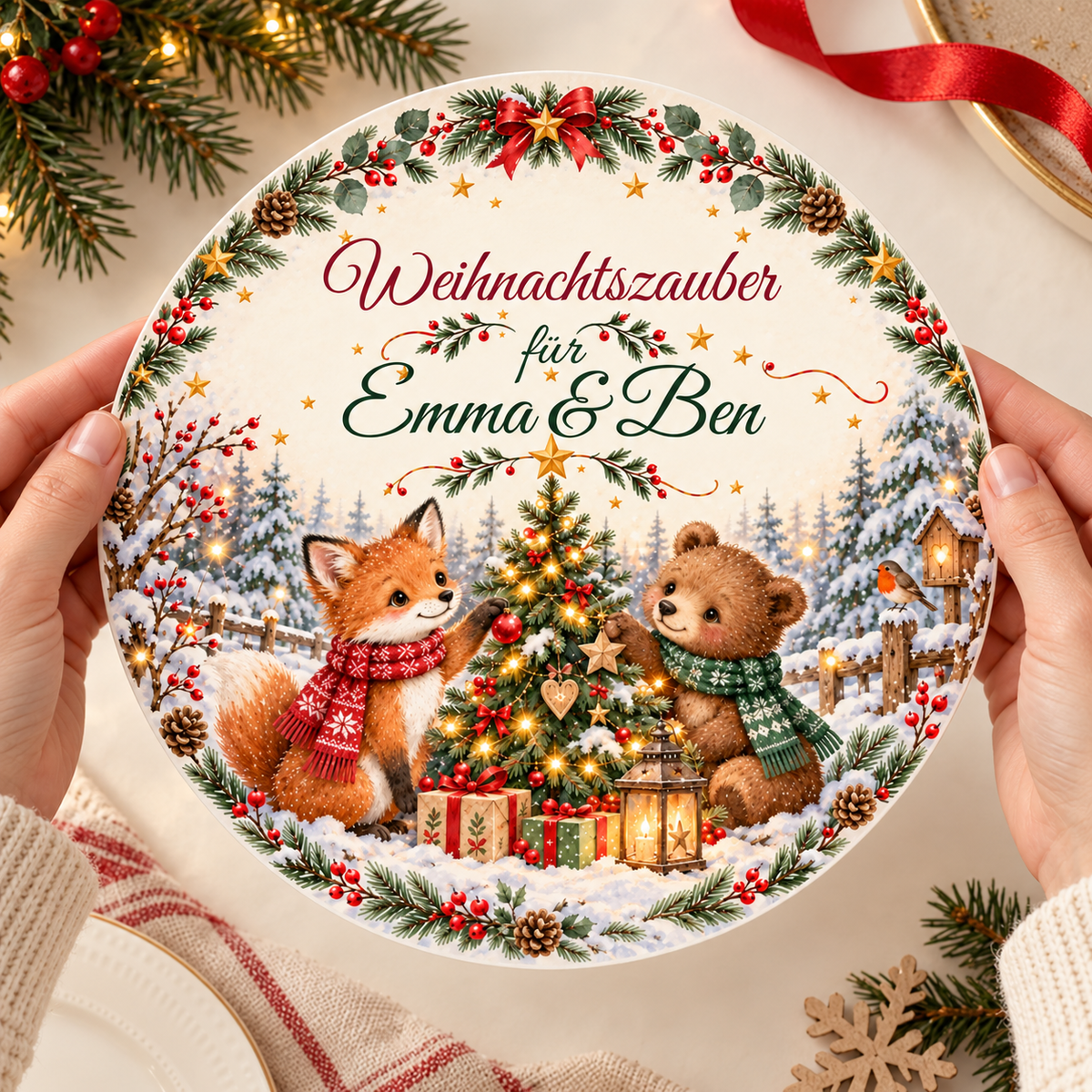 MUCKKI-PRO:ab11699c73edcbf26d48b2d5269157f52ee3e4edf7e4a8bd38861d409db0a524:Tortenaufleger Weihnachten Fuchs & Bär – personalisiert mit Wunschnamen – versch. Formen