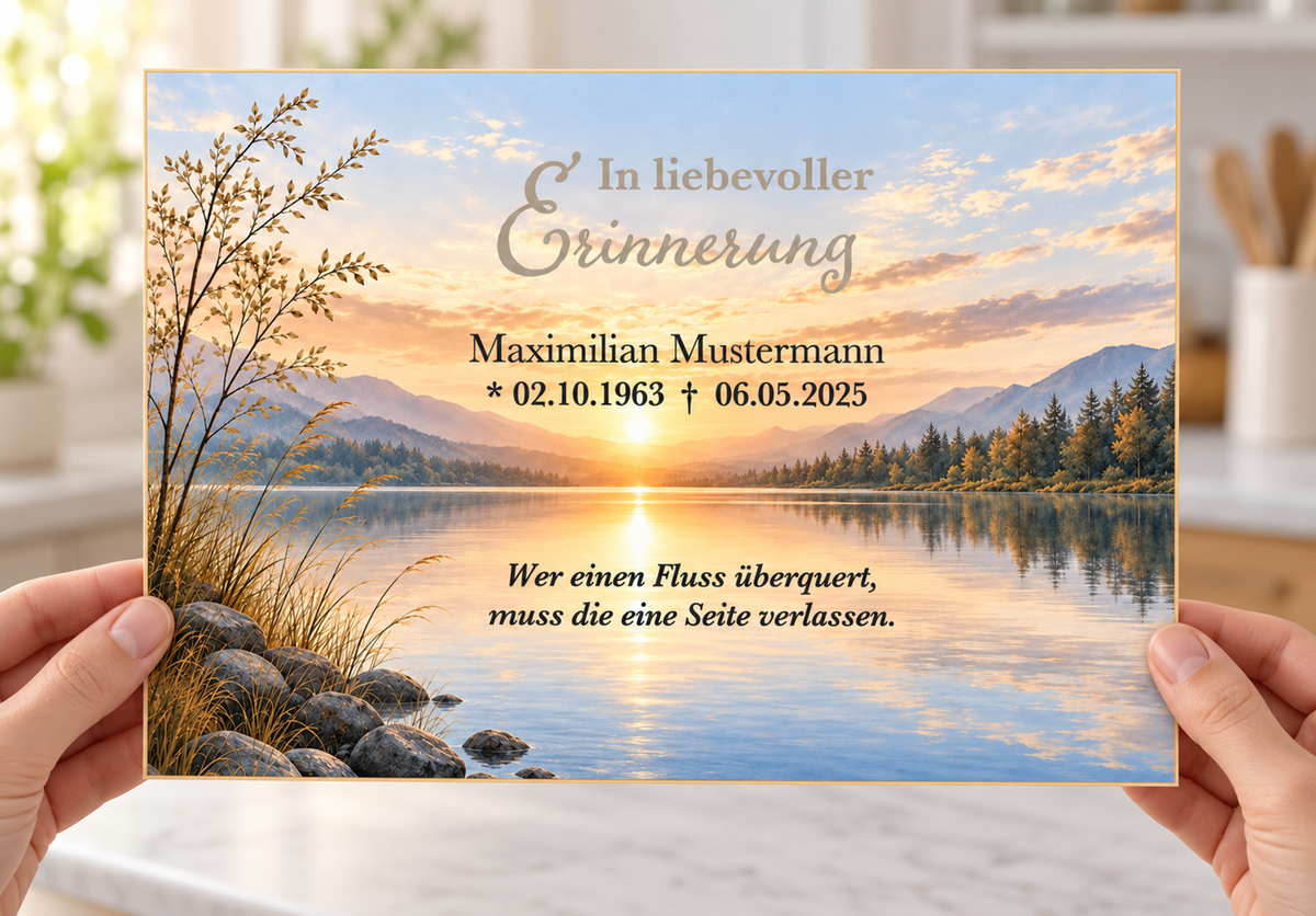 MUCKKI-PRO:afd528c5b0c4e63aed76253ede4b91c0fbfc60f4ccb03d78f34e3750b0e392aa:Tortenaufleger Beerdigung & Trauerfeier See 01 – personalisiert mit Name & Datum – Eckig (28 x 20cm)