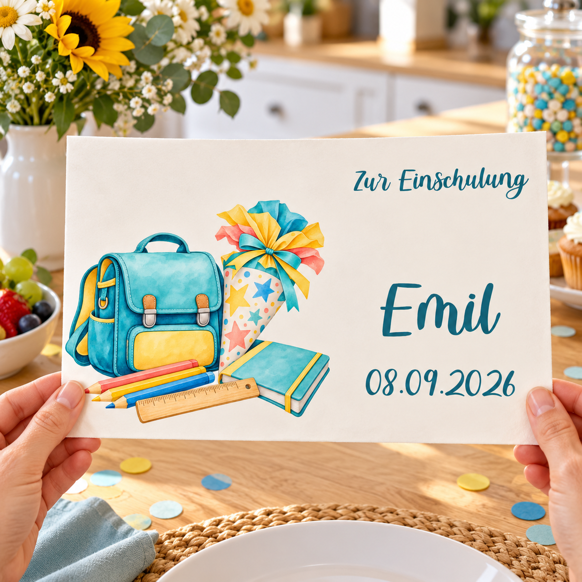 MUCKKI-PRO:0f79c4088bd4a7f3f0460bcaeb1aa49aaf2be58484cb1556a49a37459452ea90:Tortenaufleger Einschulung Schulstart 1 mit Name und Datum – Eckig (28 x 20cm)