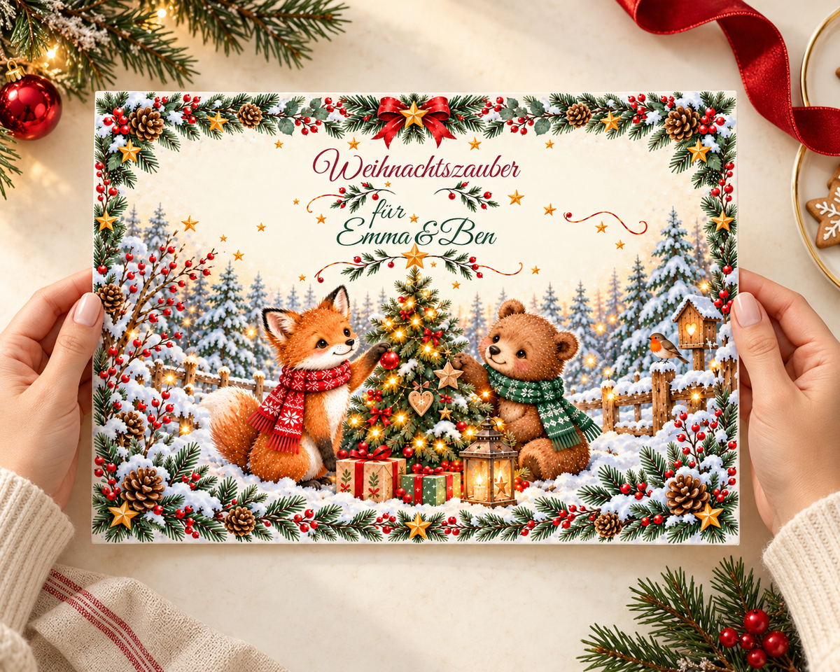 MUCKKI-PRO:9bc2c42df711a499c4867f58235fefee5458bc496159f75603a87f1e95409b3d:Tortenaufleger Weihnachten Fuchs & Bär – personalisiert mit Wunschnamen – Eckig (28 x 20cm)