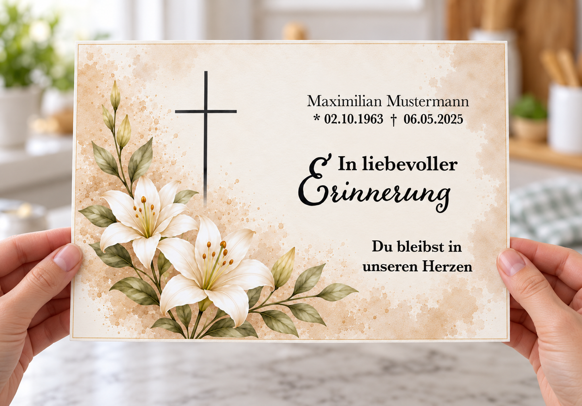 Tortenaufleger Beerdigung & Trauerfeier Blüten 01 – personalisiert mit Name & Sterbedatum Fondantpapier – versch. Formen