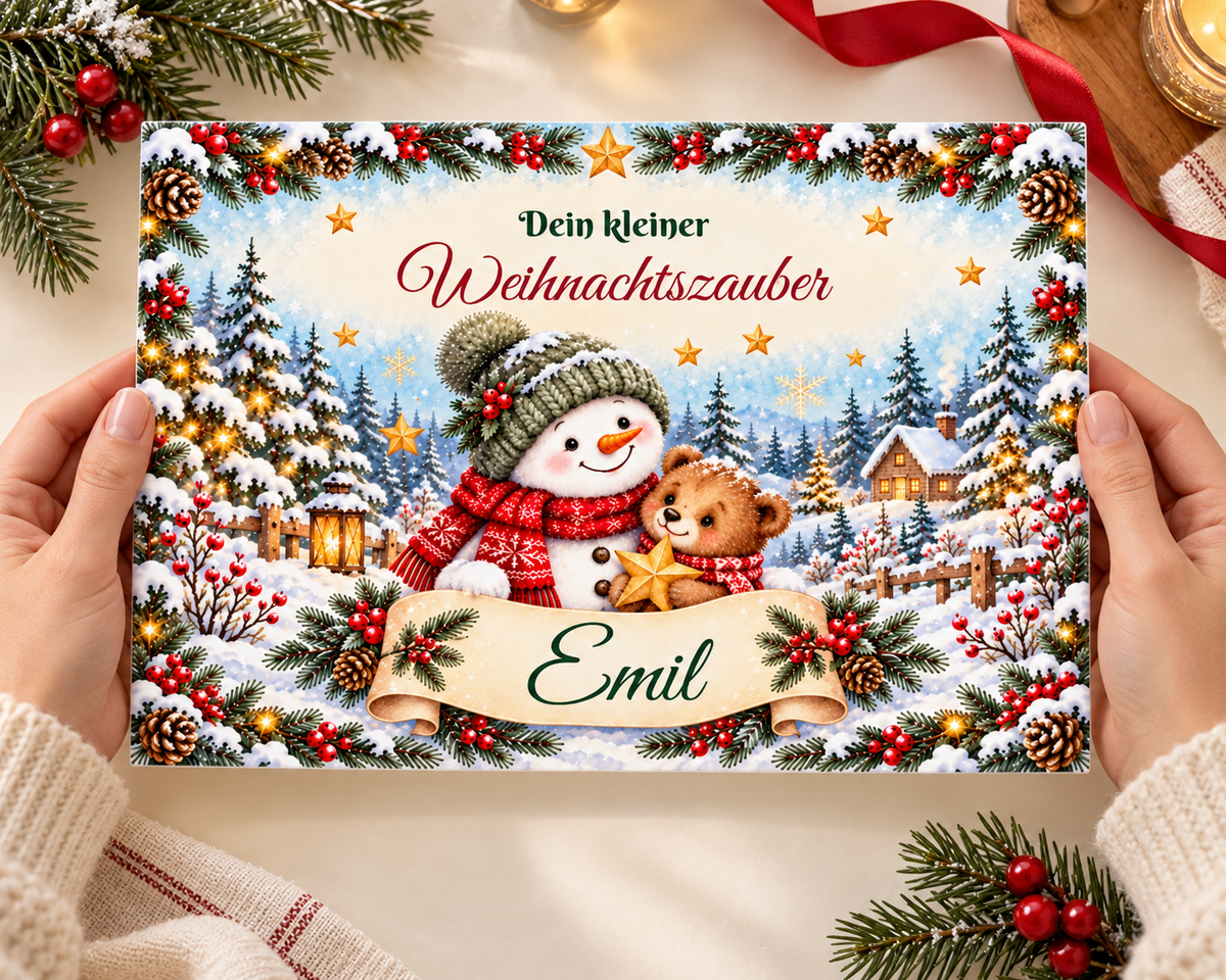 MUCKKI-PRO:df315eb04f4880ac3869993e24e0f62c1fe8407ccf94b95539de0f6d87c6e42a:Tortenaufleger Weihnachten Schneemann & Bär – personalisiert mit Wunschname – Eckig (28 x 20cm)