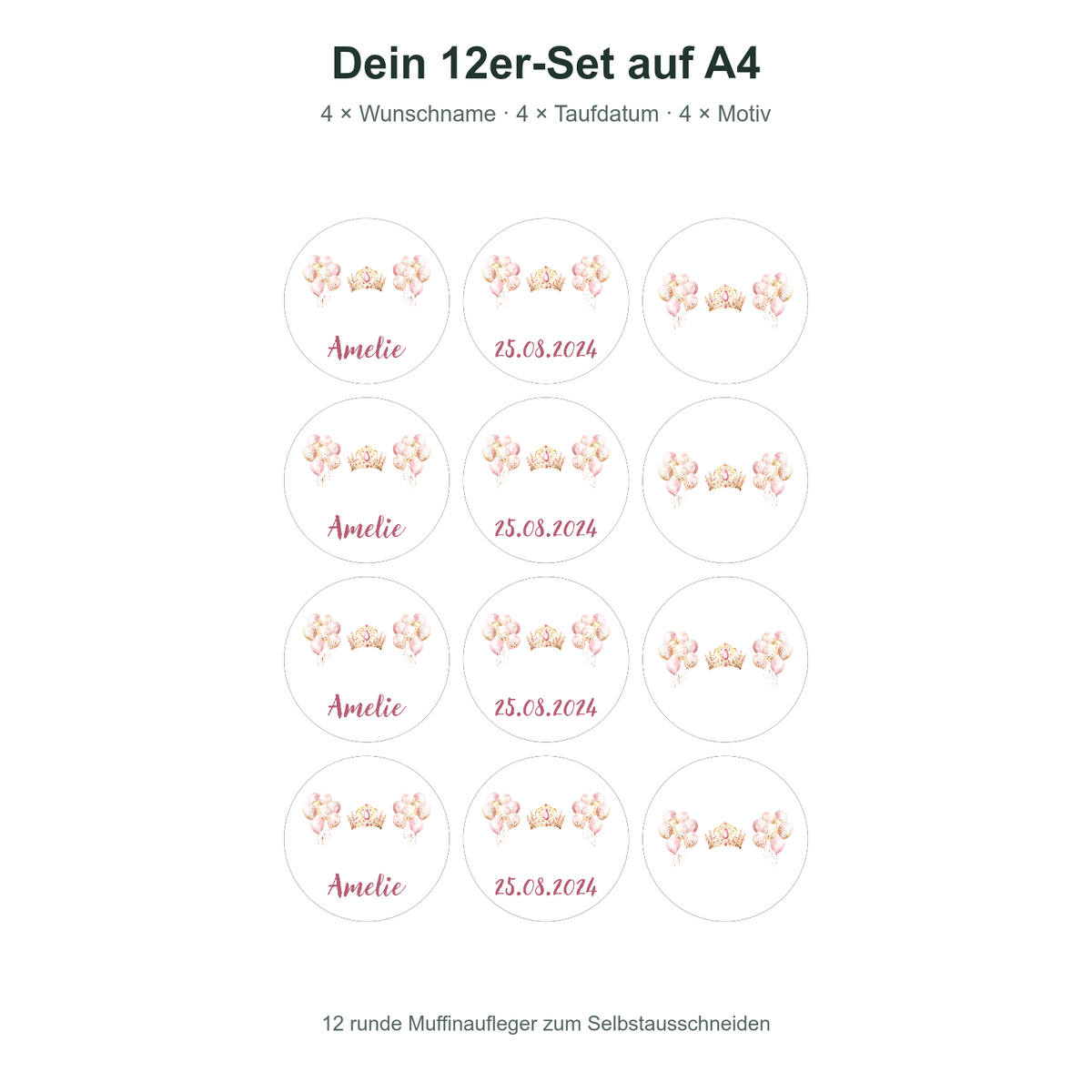 MUCKKI-PRO:48ec1ee999363b312b83f751feb8875e6f815ae89b67969d8cdfca78694af1e9:Muffinaufleger Taufe Prinzessin 1 – 12 Stück à 6 cm mit Name und Taufdatum