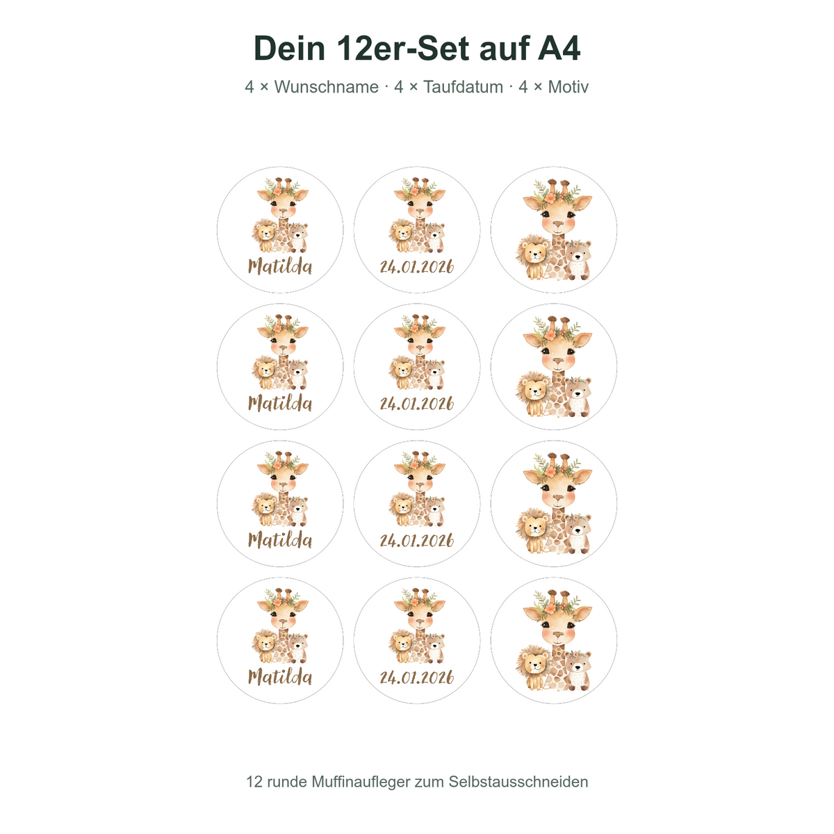 MUCKKI-PRO:962e1997a1d6ee2d8b4b894238f813347d3f69b19a25cbc3edecd42eb2845d73:Muffinaufleger Taufe Safari 1 – 12 Stück à 6 cm mit Name und Taufdatum