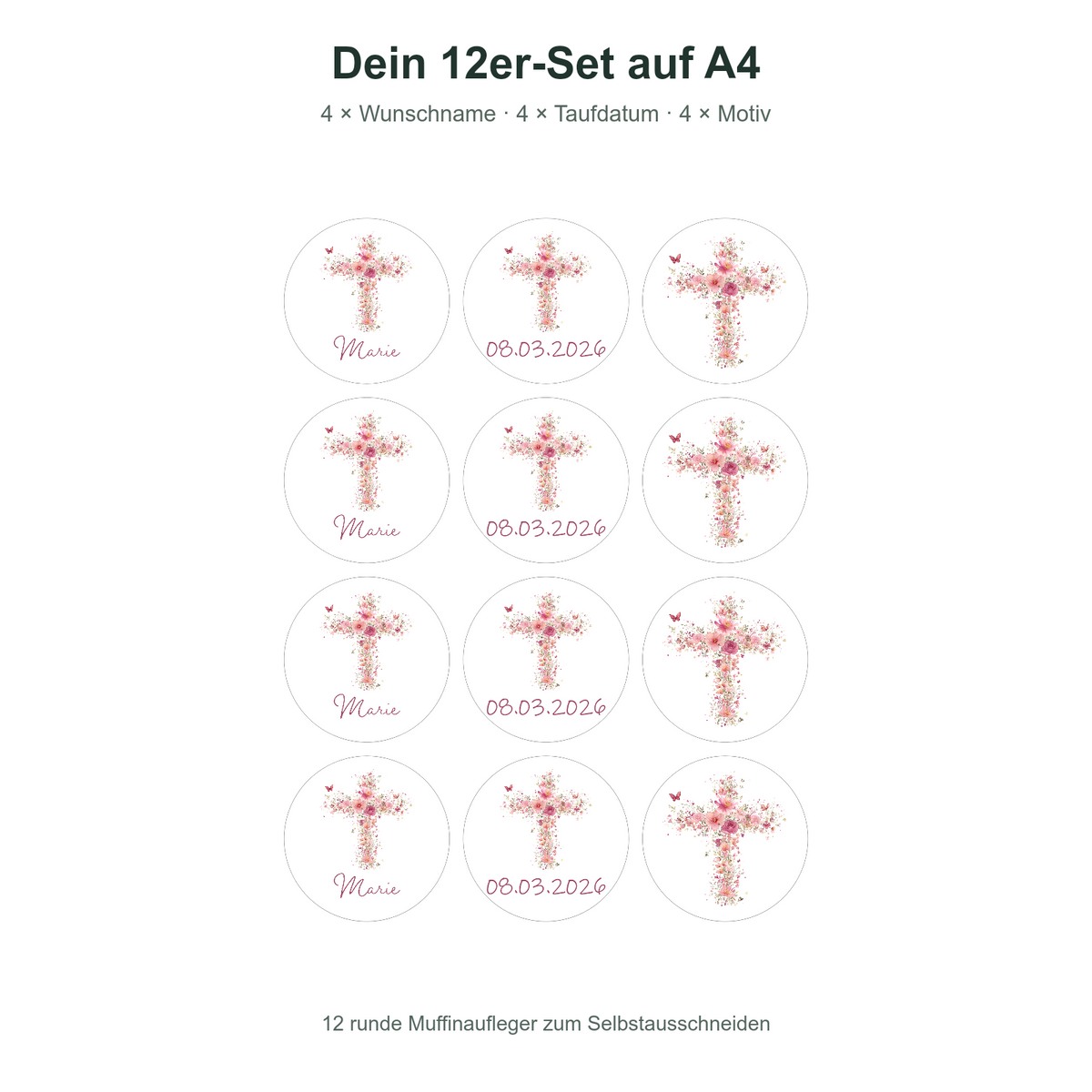 MUCKKI-PRO:5869adcc9c171496f4b597600db5483b78270a475247c3855a0d22ac88052263:Muffinaufleger Taufe Kreuz 2 – 12 Stück à 6 cm mit Name und Taufdatum