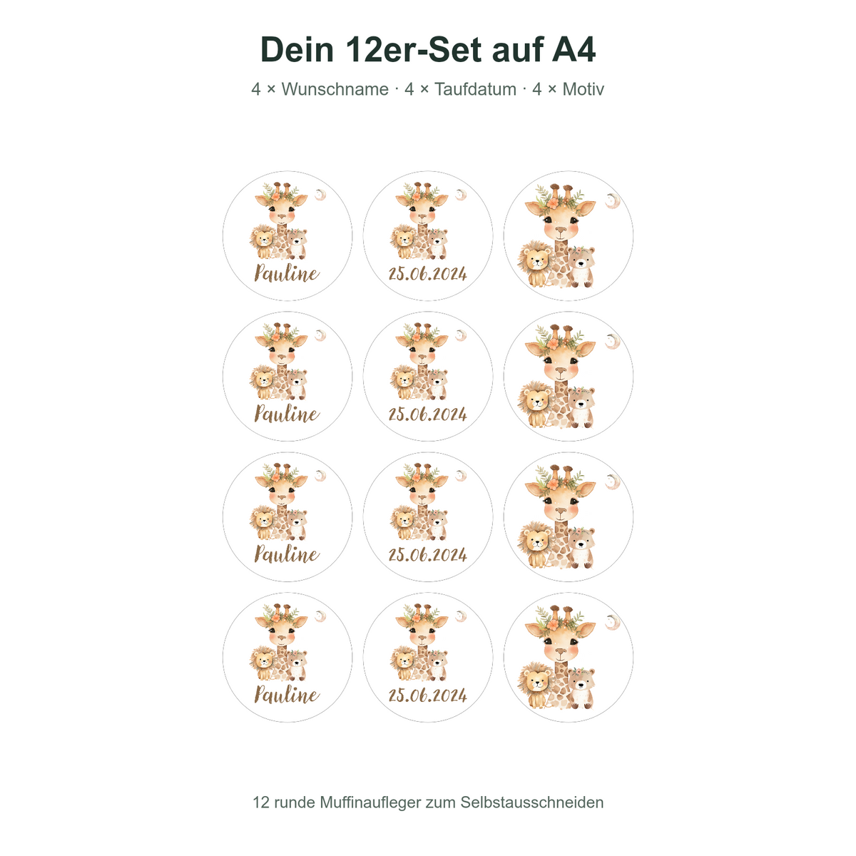 MUCKKI-PRO:c398b186a44fb474b42c127f4c36328d669464576e84088c273e4beca6176d8d:Muffinaufleger Taufe Animals 1 – 12 Stück à 6 cm mit Name und Taufdatum