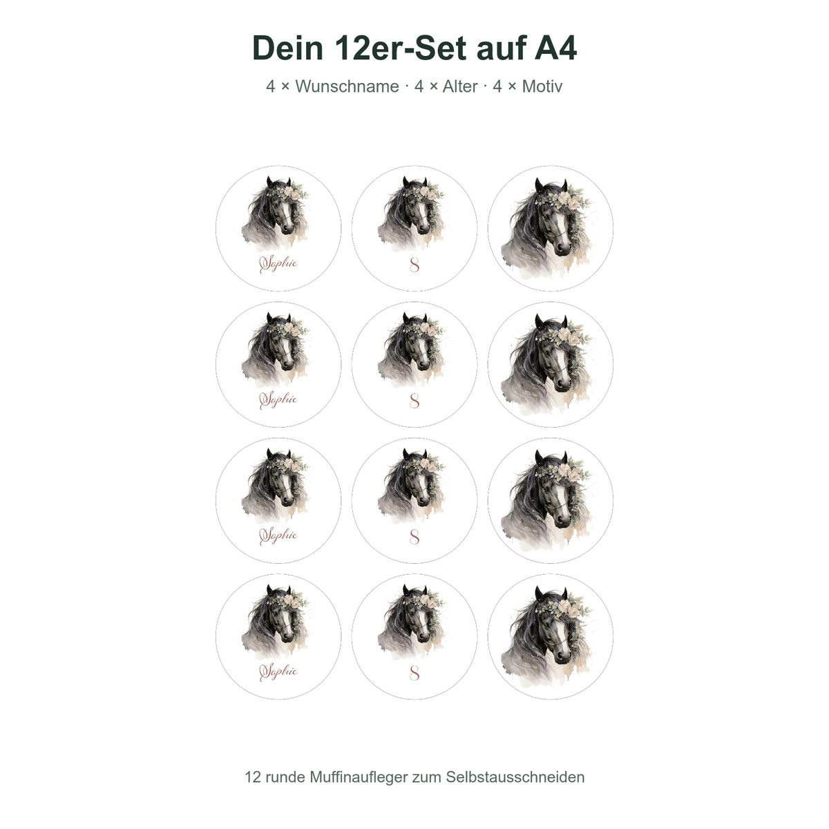 MUCKKI-PRO:39d6b078190c076dec86f0da335a1907c4cec10f4732c79efa6448fe0d6be0bd:Muffinaufleger Geburtstag Pferd 3 – 12 Stück à 6 cm mit Name und Alter