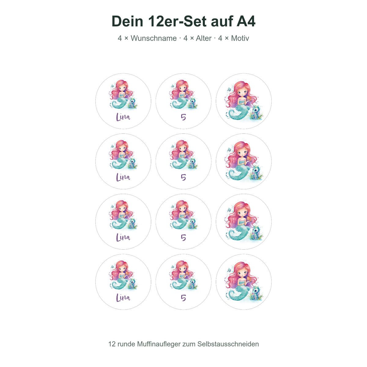 MUCKKI-PRO:1ebb6456be6fc64833234e5ebdc0af1ef396db141763feea3f0114c97dc14bd3:Muffinaufleger Geburtstag Meerjungfrau 1 – 12 Stück à 6 cm mit Name und Alter