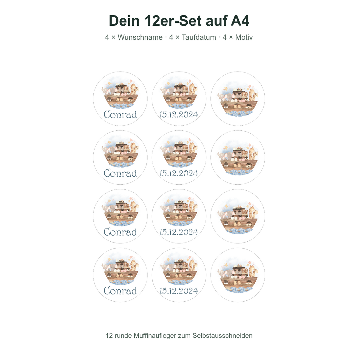 MUCKKI-PRO:cbb11bf798572fe85d7de963629c90e49dc89dcb6408615ffab646cfd64c8892:Muffinaufleger Taufe Arche Noah 1 – 12 Stück à 6 cm mit Name und Taufdatum