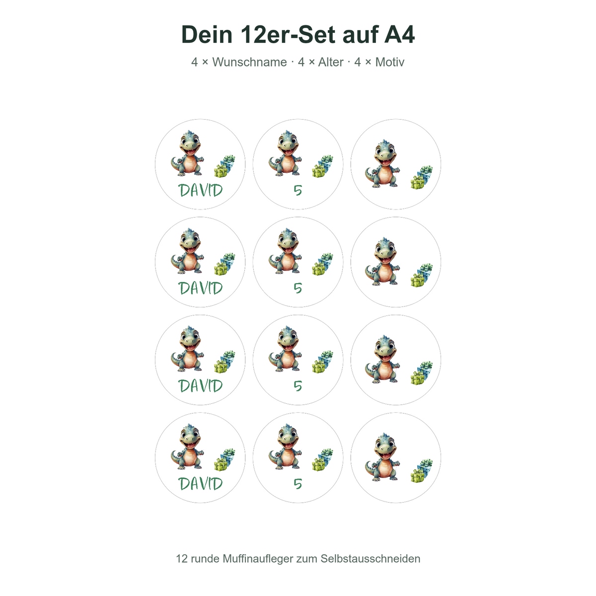 MUCKKI-PRO:6db06bdd54f662cb0568833b72e67de687e407656ecdc4983b87212c7a43e525:Muffinaufleger Geburtstag Dino 5 – 12 Stück à 6 cm mit Name und Alter