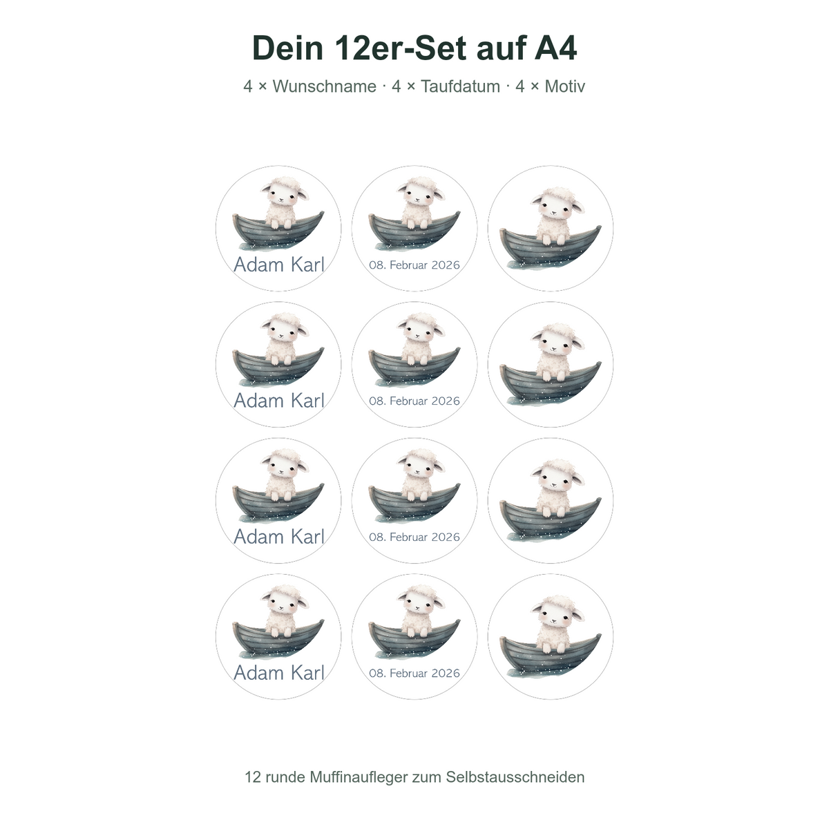 MUCKKI-PRO:e25820224e65ce9db071421c75fd2dd5fe73c00cafab7a15c6bf2b971efa433b:Muffinaufleger Taufe Schaf 1 – 12 Stück à 6 cm mit Name und Taufdatum