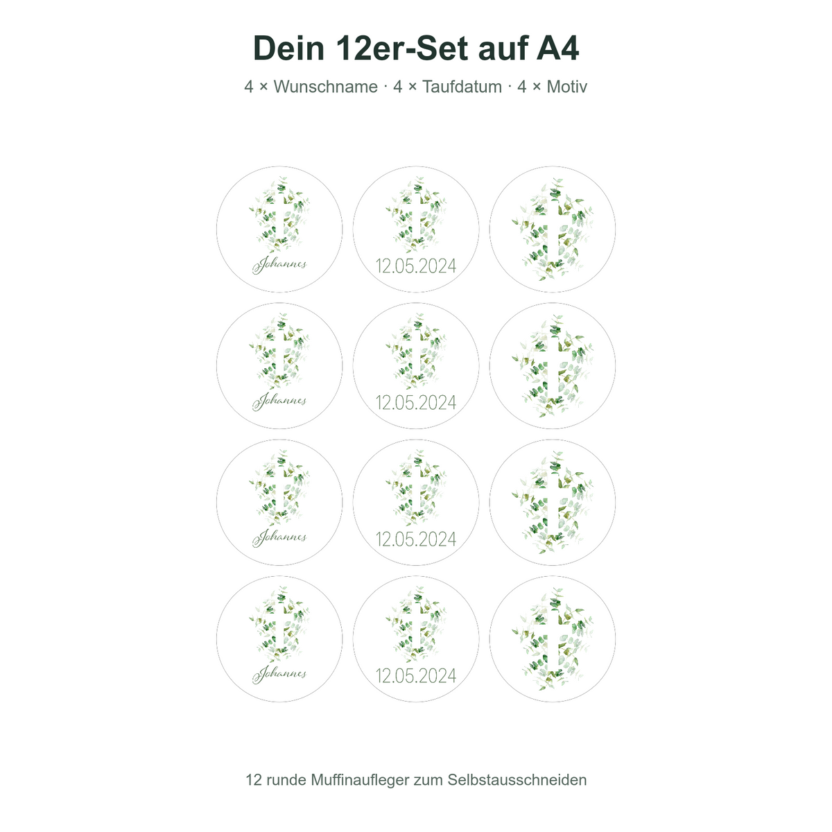 MUCKKI-PRO:2544705256d2b718b31f151dba955784cbc6cc50d372ce8441193eb787deec7a:Muffinaufleger Taufe Kreuz 1 – 12 Stück à 6 cm mit Name und Taufdatum