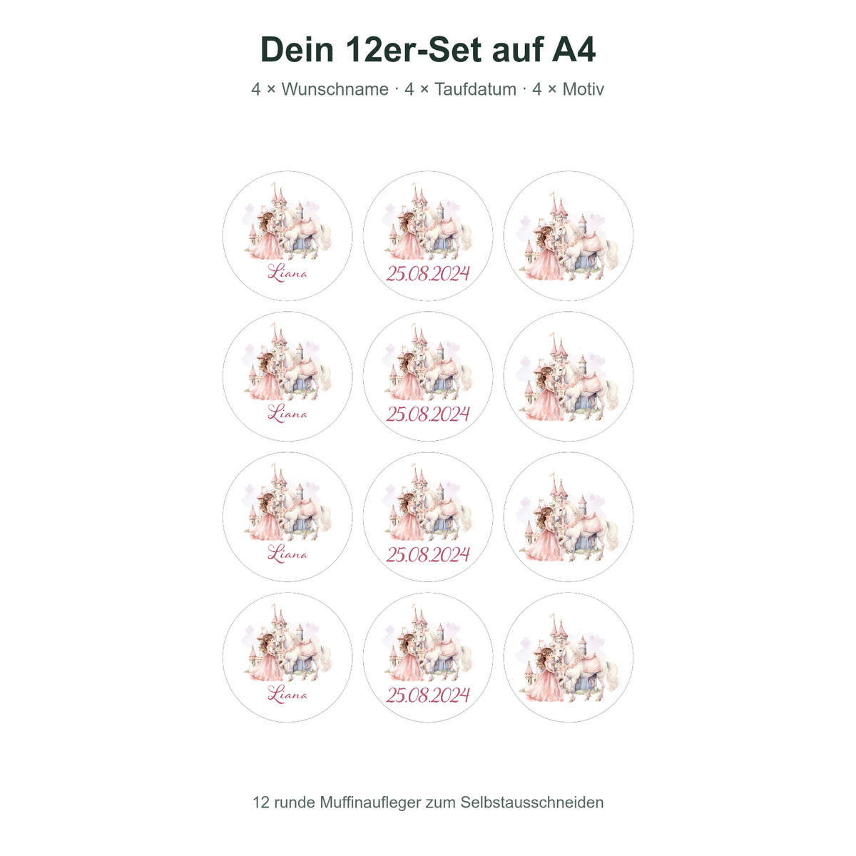 MUCKKI-PRO:26aed000eaa06427b5ab393bb36b45988a581e5cec15d7d8e89c3d20c38d16db:Muffinaufleger Taufe Prinzessin 2 – 12 Stück à 6 cm mit Name und Taufdatum