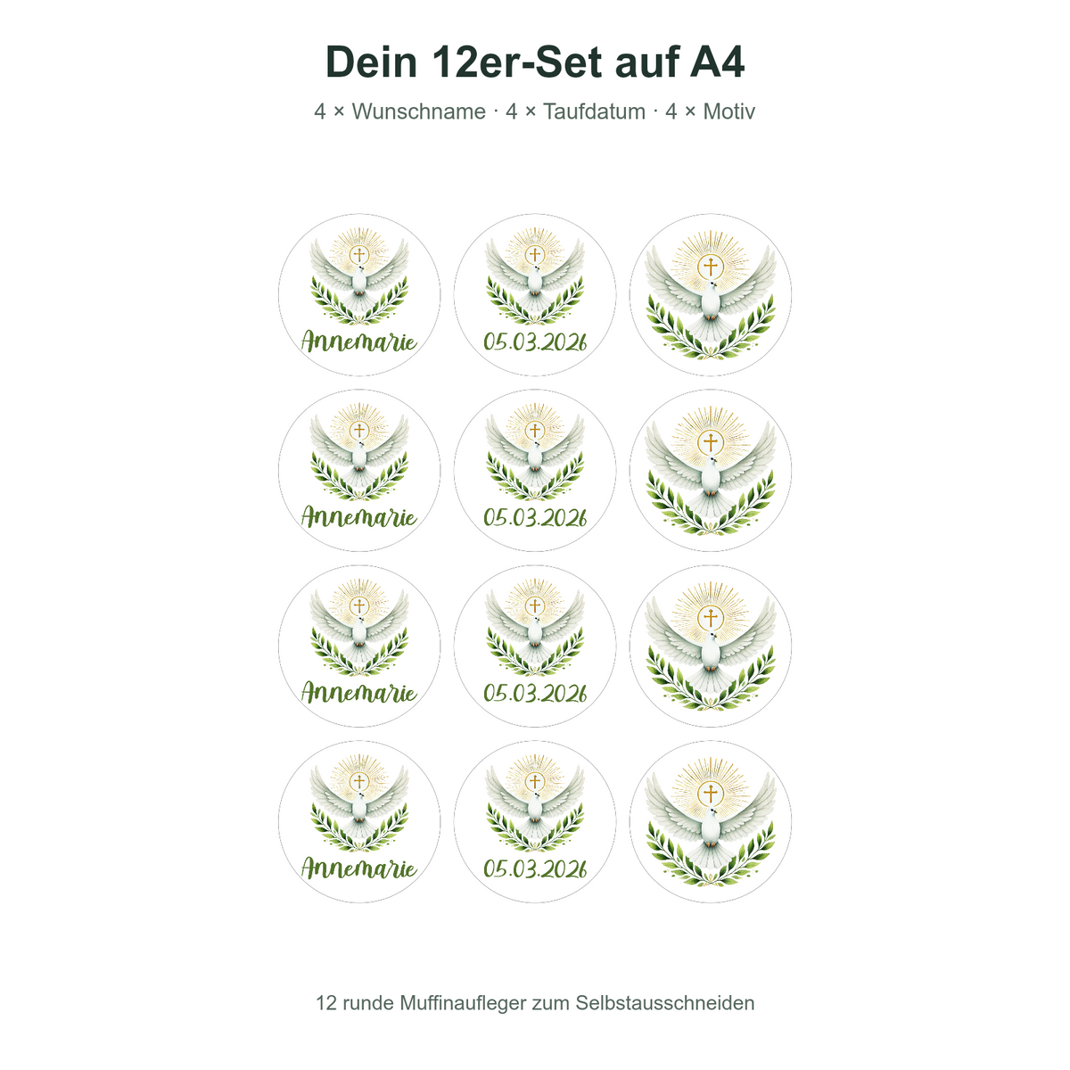 MUCKKI-PRO:3ecc8f7fbad898e2350d7aa735d1ef8cd272b9c913f17d51726085e0c7ccacae:Muffinaufleger Taufe Heiliger Geist 1 – 12 Stück à 6 cm mit Name und Taufdatum