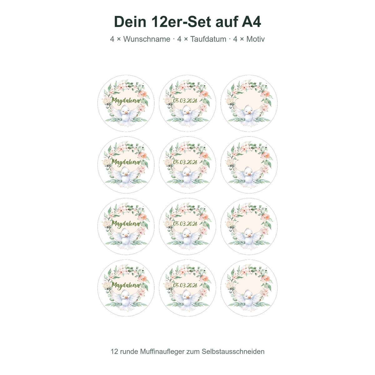 MUCKKI-PRO:8cd90ee9286c8dfe99b6aa7f18d6e1ab8ab1ce9d465c9bd6bf99f87b27dd63b6:Muffinaufleger Taufe Vogel 1 – 12 Stück à 6 cm mit Name und Taufdatum