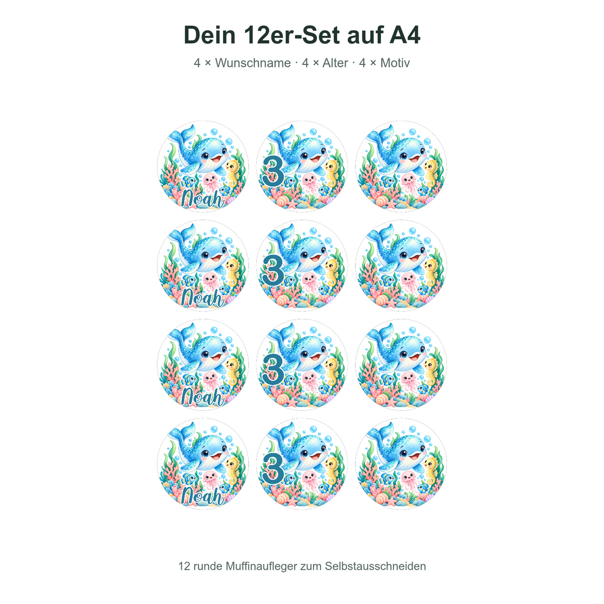 MUCKKI-PRO:d2fb0488811c3fd49e6cf27c27c084358081ab3c0601cf032b50e7175d8030b8:Muffinaufleger Geburtstag Delfin 2 – versch. Formen mit Name