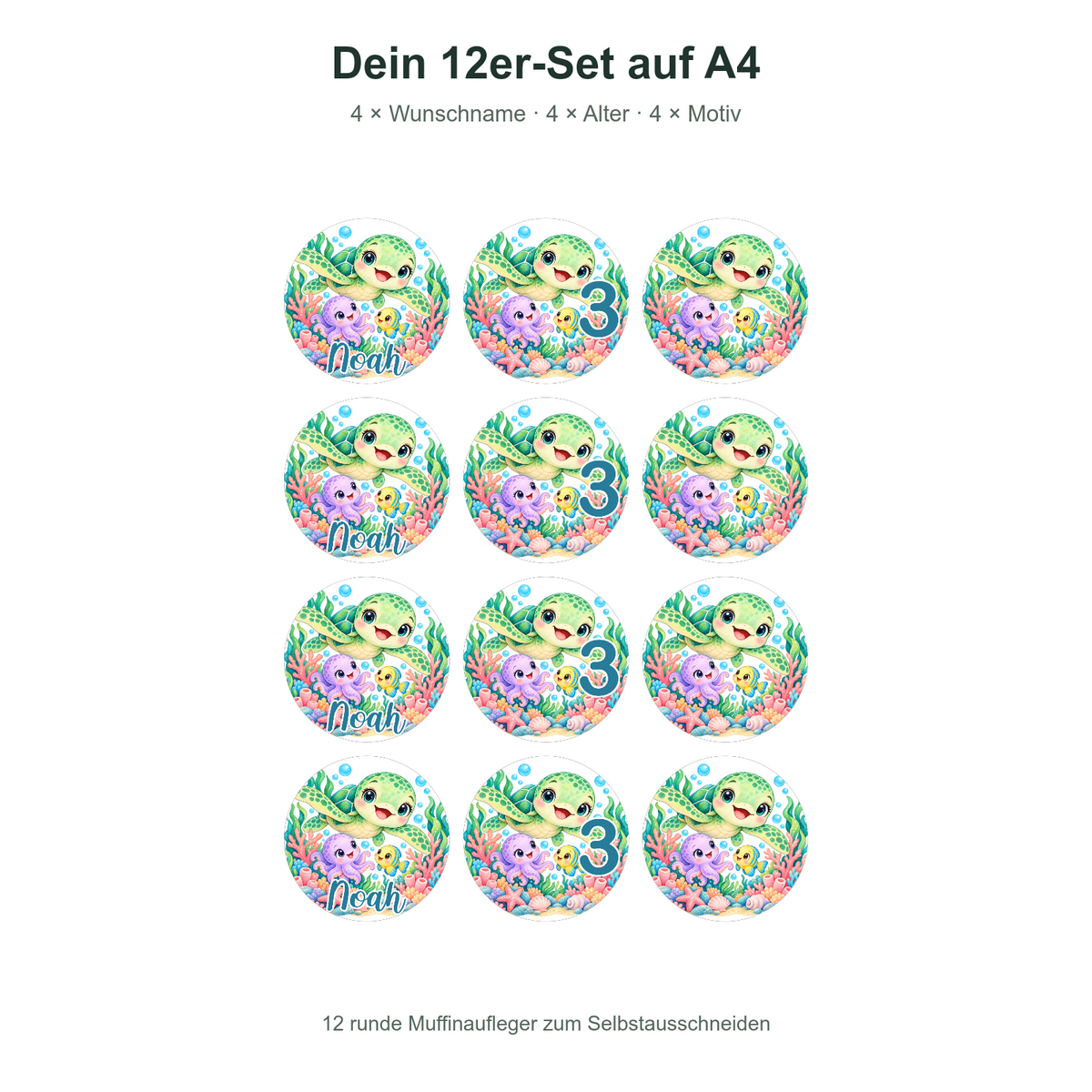 MUCKKI-PRO:1e0271b46121313da9b2cd4cea2f0e110b46d9c7e52ea1fc9aec3ca99434a85e:Muffinaufleger Geburtstag Schildkröte 1 – versch. Formen mit Name