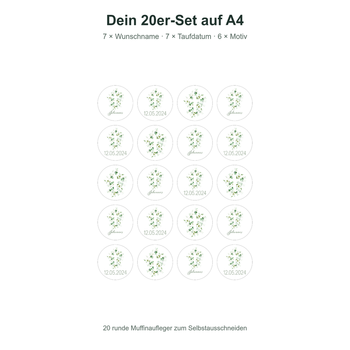 MUCKKI-PRO:d93ca3307ae4a2910bd170190ae70b74841fefed9865191944fe09619ede6005:Muffinaufleger Taufe Kreuz 1 – 20 Stück à 4 cm mit Name und Taufdatum