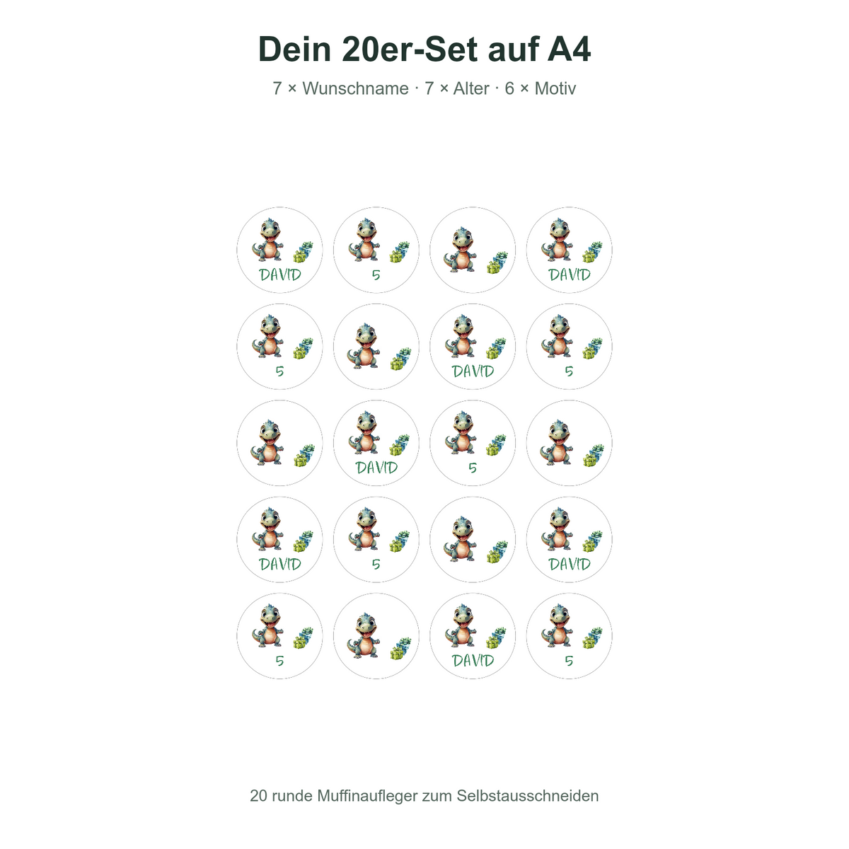 MUCKKI-PRO:11f0fef7cdad05450fa0f1b8e3ca3033a68557773814ecc9d4fc5b2ad6fff718:Muffinaufleger Geburtstag Dino 5 – 20 Stück à 4 cm mit Name und Alter