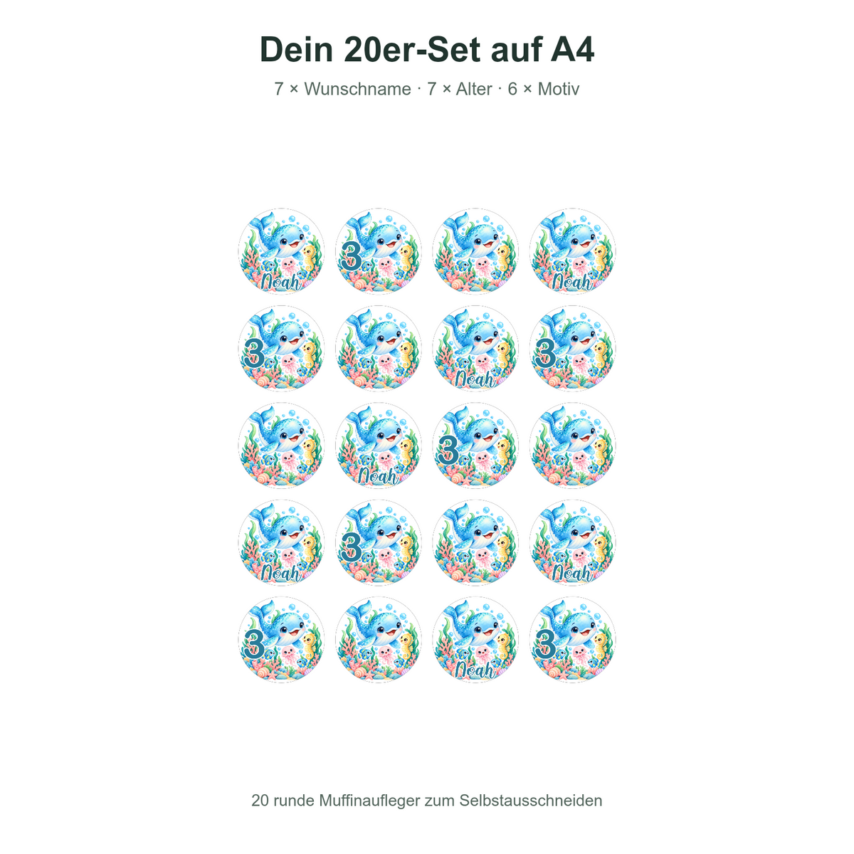 MUCKKI-PRO:9d2042b4dbb5476859ab390785d48f49dfd6d1237463402117a9e962a8fc5d87:Muffinaufleger Geburtstag Delfin 2 – versch. Formen mit Name