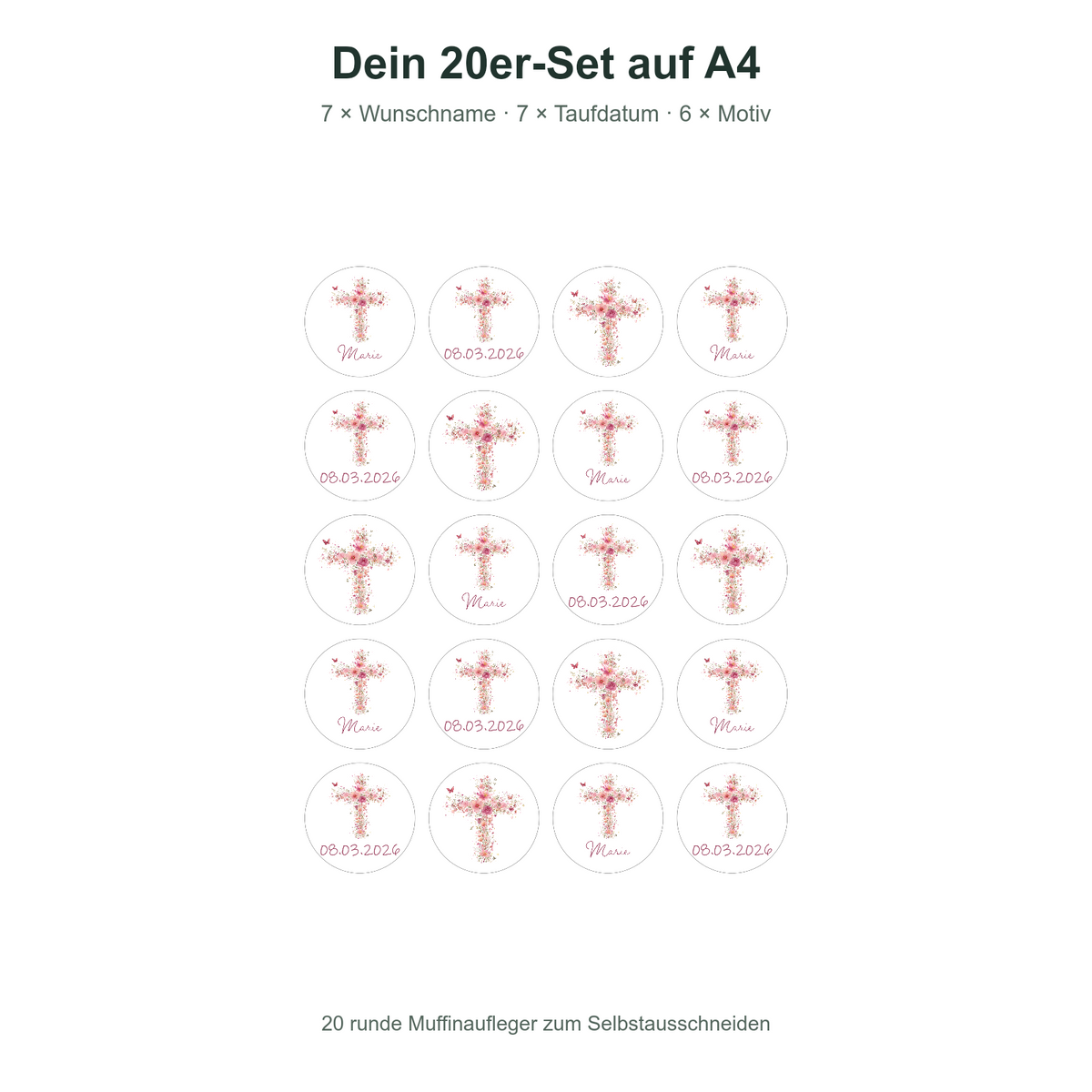 MUCKKI-PRO:234fe2383c0e414b7fe5ad9c2f5ba1b6b610c03bf6f5e08d4b9527dafd858ea0:Muffinaufleger Taufe Kreuz 2 – 20 Stück à 4 cm mit Name und Taufdatum