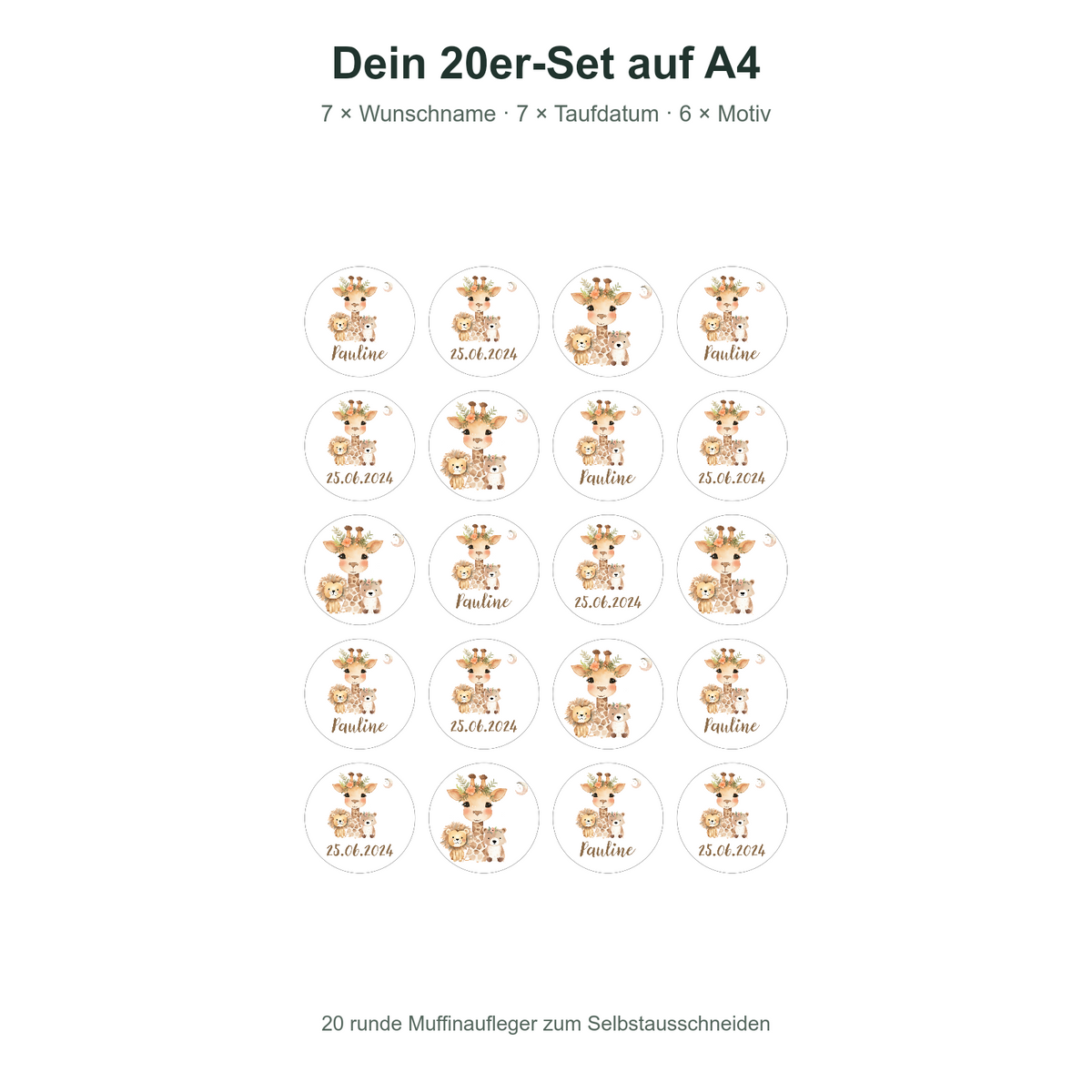 MUCKKI-PRO:73c8ad45b823f3bcccdf43dc091b0f5aadd917e2c9d503d0335860a06447699e:Muffinaufleger Taufe Animals 1 – 20 Stück à 4 cm mit Name und Taufdatum
