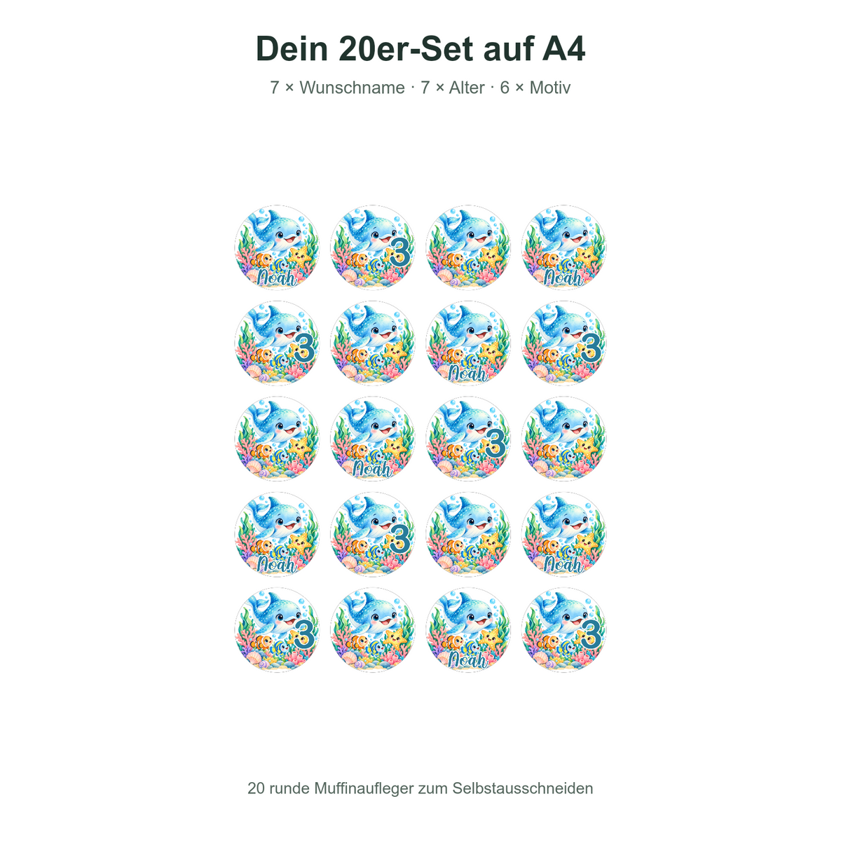 MUCKKI-PRO:45d8bfac67a2838c7cd891fe263f6ee993725865b36f20abf58f9ff5c6de566c:Muffinaufleger Geburtstag Delfin 1 – versch. Formen mit Name