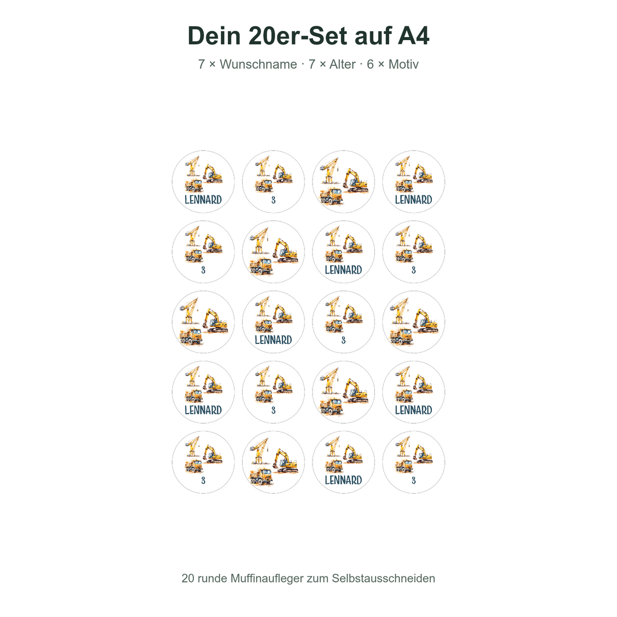 MUCKKI-PRO:23f73691e458282e9a7440f950ee98f8c4c970bc5af550d5f3b9cc3e446a6c19:Muffinaufleger Geburtstag Baustelle 1 – 20 Stück à 4 cm mit Name und Alter