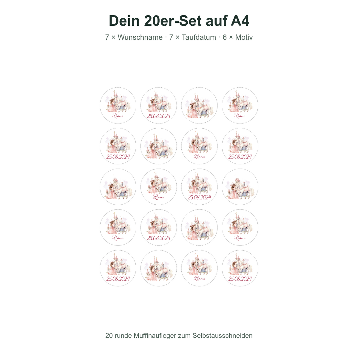 MUCKKI-PRO:99c5d90ea0e5fab054132a8e34fe5cbd14f177261bb6a61b97ec1d3989369063:Muffinaufleger Taufe Prinzessin 2 – 20 Stück à 4 cm mit Name und Taufdatum