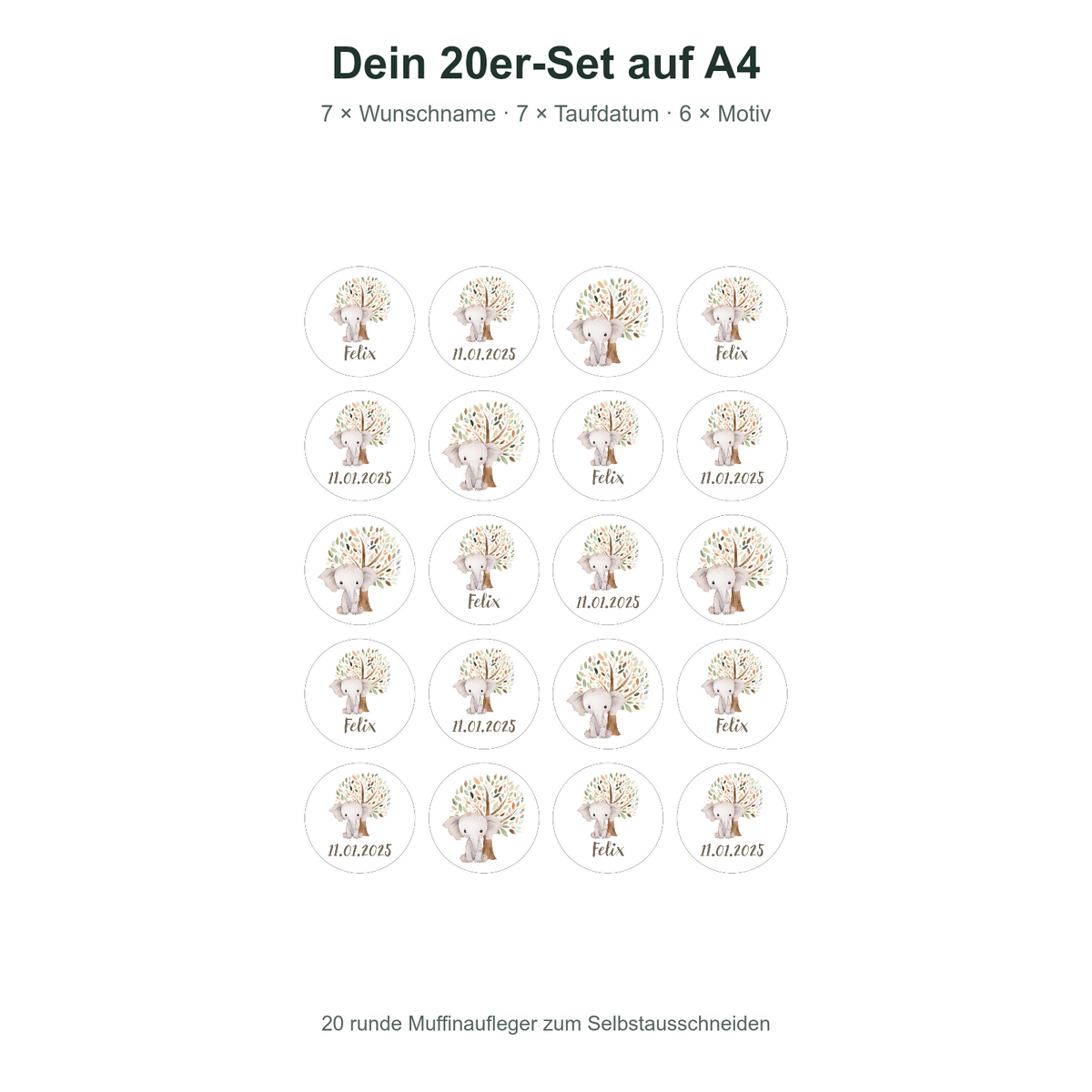 MUCKKI-PRO:ed5be057c4726678970c7fc8c07c8c5f471d84e3fbd92154913c1ccd42f5cc77:Muffinaufleger Taufe Elefant 1 – 20 Stück à 4 cm mit Name und Taufdatum