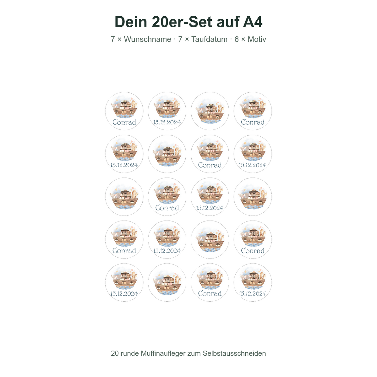 MUCKKI-PRO:8b1ebeb2de706895ff64b1942e55af78bcea7dc4b8ada5e792aab1ba5770dec4:Muffinaufleger Taufe Arche Noah 1 – 20 Stück à 4 cm mit Name und Taufdatum