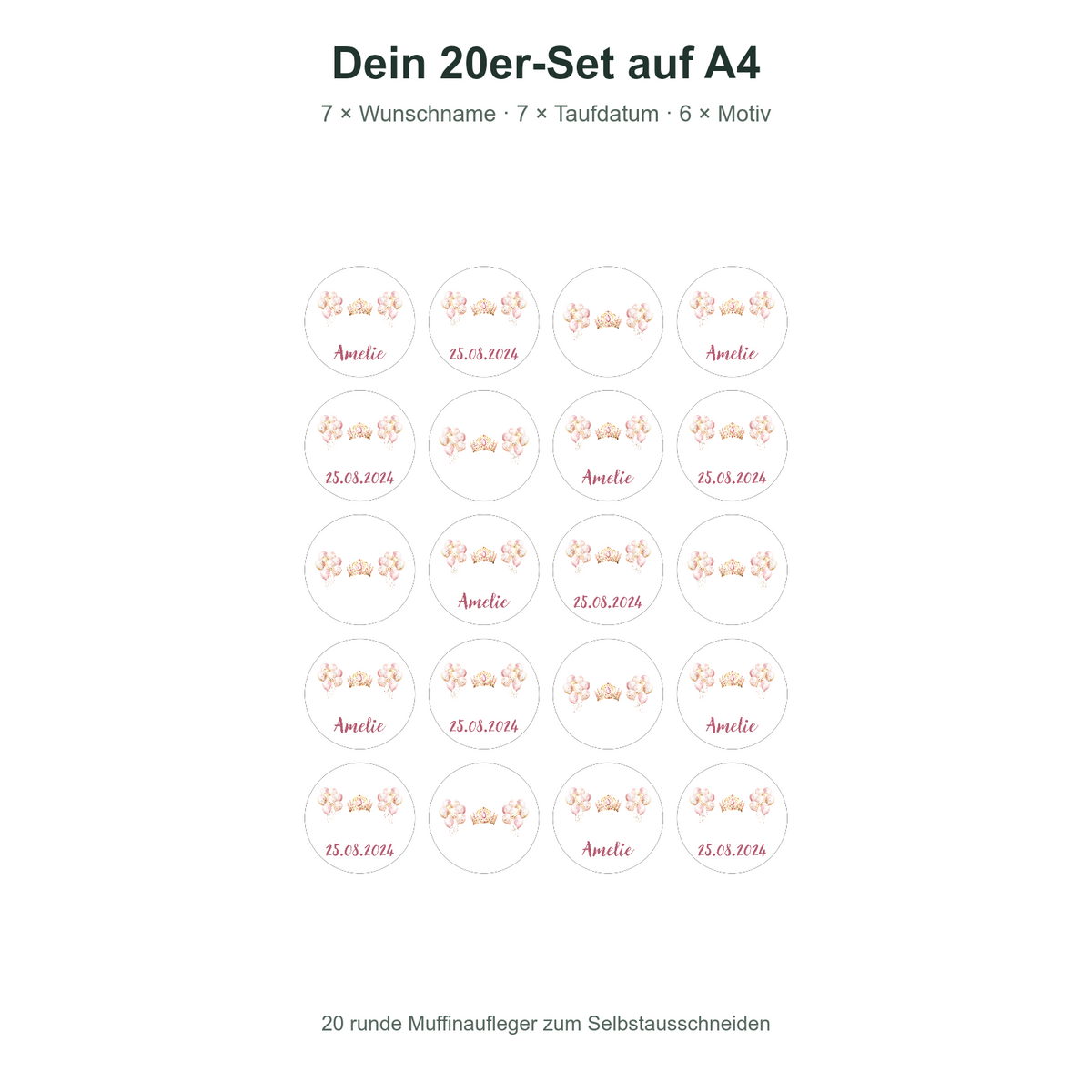 MUCKKI-PRO:d4bcf59a11338576c1e3ebd50b35fbb9f142ffa24782dc6af55d8ff4abf28cb3:Muffinaufleger Taufe Prinzessin 1 – 20 Stück à 4 cm mit Name und Taufdatum