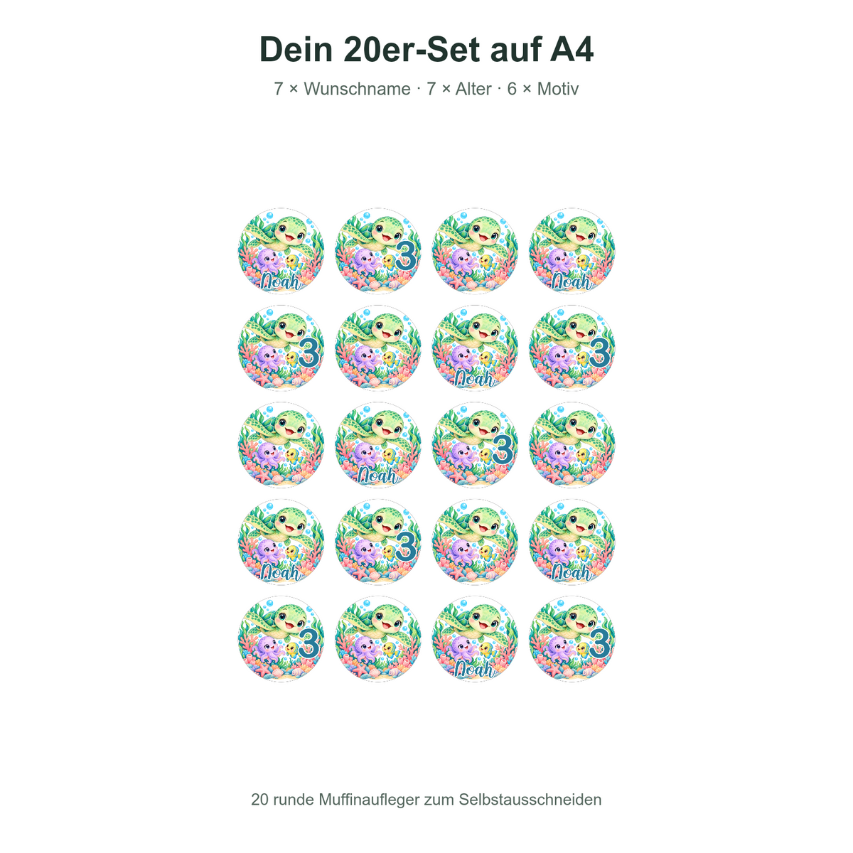 MUCKKI-PRO:0f9ad32d3490b89521fbd94f17f9fb18612b055e79606e3e20bde343dc13541a:Muffinaufleger Geburtstag Schildkröte 1 – versch. Formen mit Name