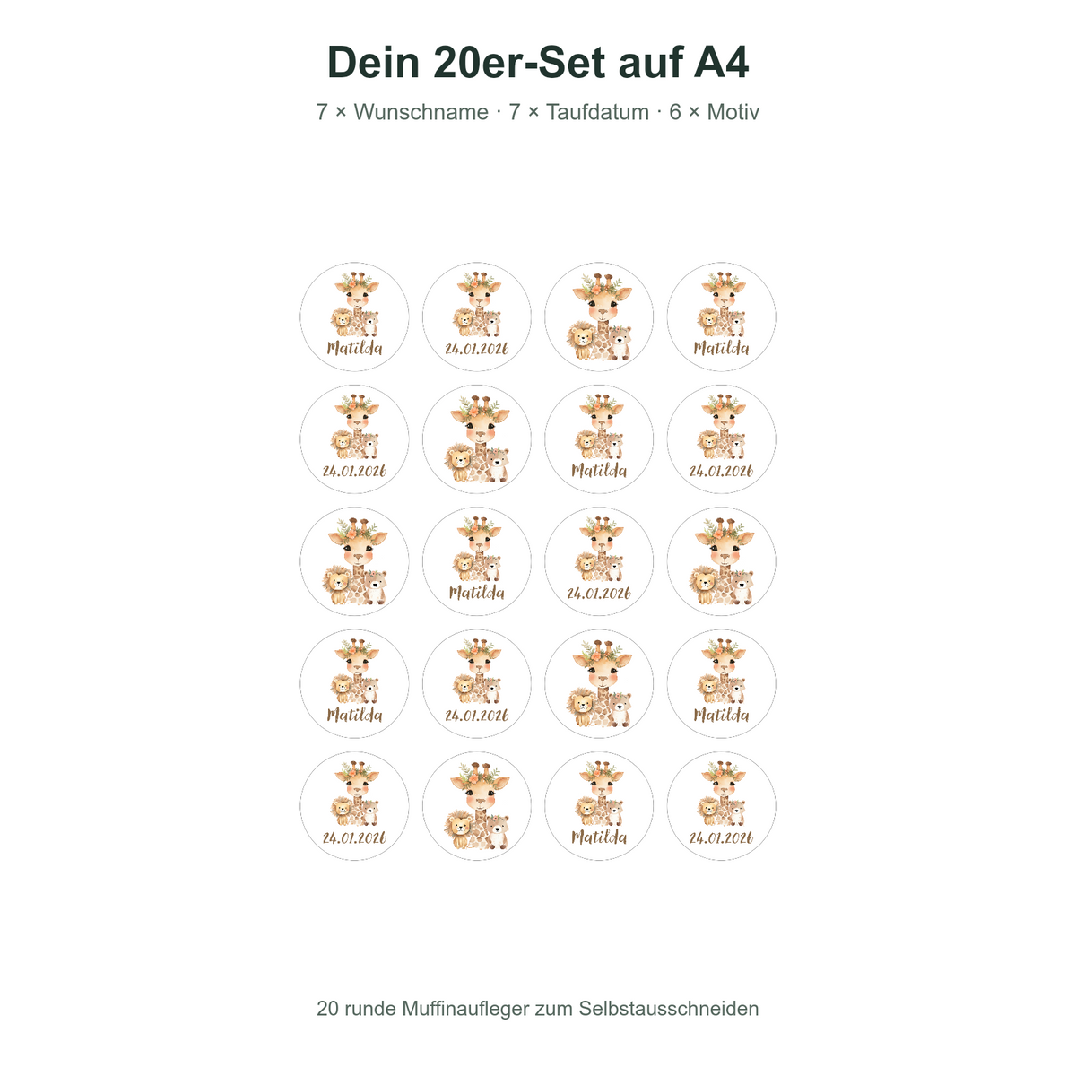 MUCKKI-PRO:5919193887b0493f43ebbc9d6ec4327a621627b94747092aa56ec633ae970f4b:Muffinaufleger Taufe Safari 1 – 20 Stück à 4 cm mit Name und Taufdatum