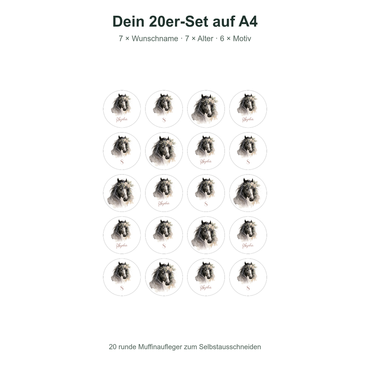MUCKKI-PRO:44b19c08fb70e05e81b0bd6ba42cb62e615caa2a96ecc3e570125c37db2ed51c:Muffinaufleger Geburtstag Pferd 3 – 20 Stück à 4 cm mit Name und Alter