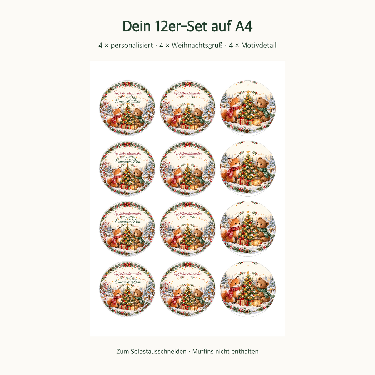 MUCKKI-PRO:8e663a97e7e2ca2554e185baf6a77ab5cacf4c200c777b6e781f5c4572b062e9:Muffinaufleger Weihnachten Fuchs & Bär – 12 Stück à 6 cm mit Wunschnamen