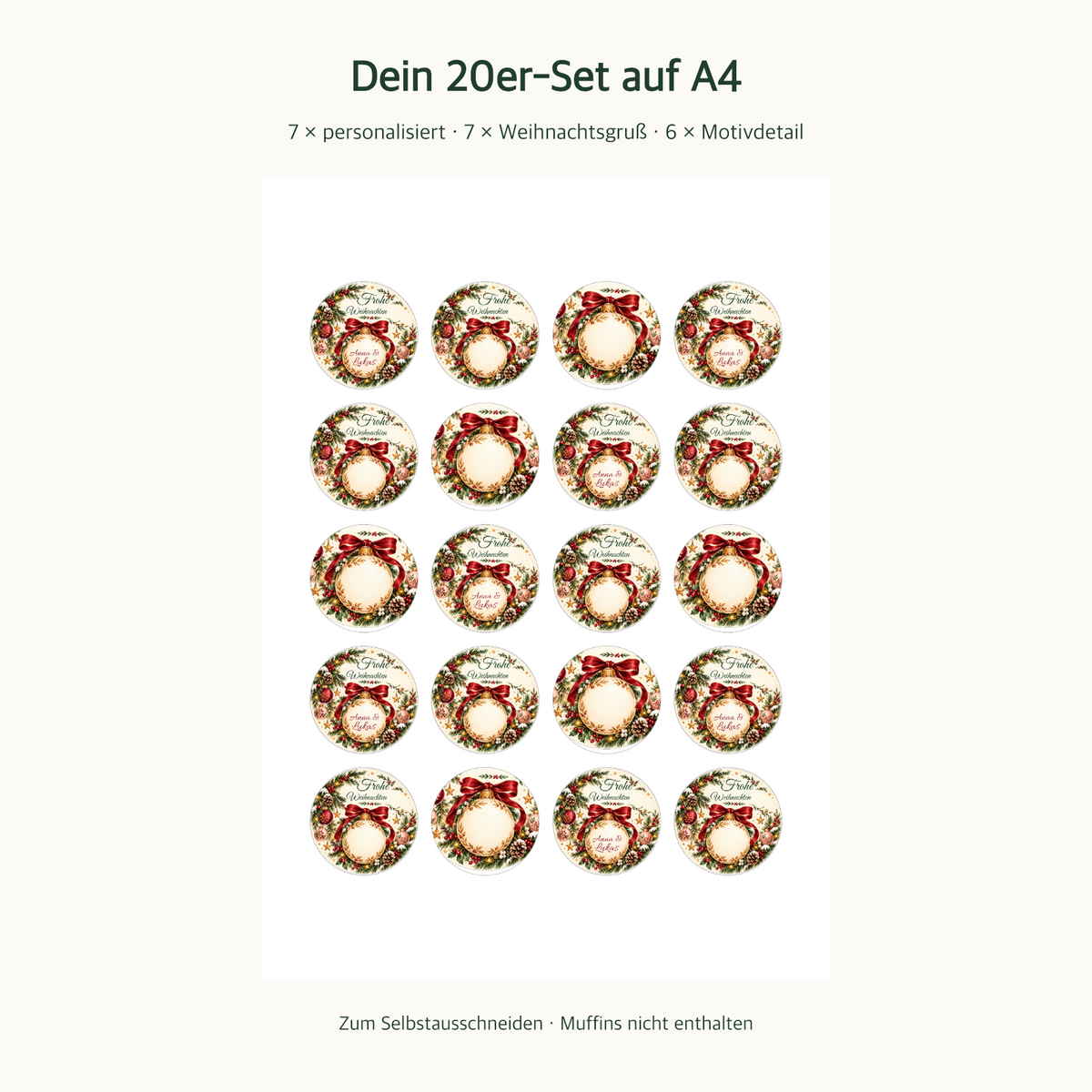 MUCKKI-PRO:f5b92e97b6063962cbf9360c0f5562ebc56864a6f1bf6f4903557b05545f4664:Muffinaufleger Weihnachten Weihnachtskugel – personalisiert mit Wunschnamen – 4 cm oder 6 cm