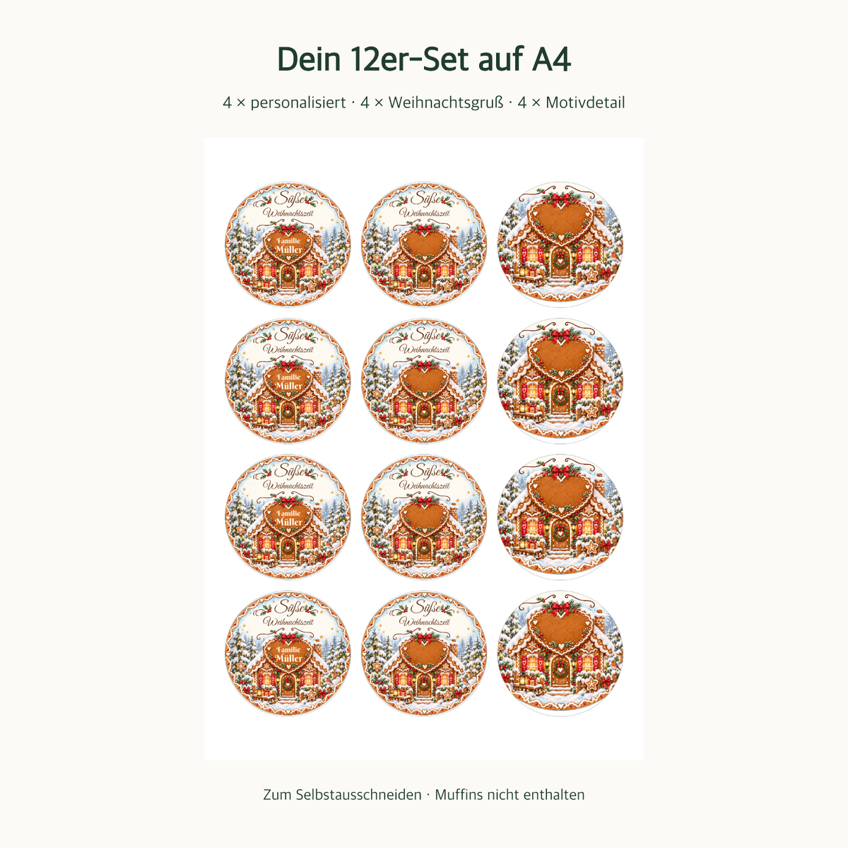 MUCKKI-PRO:794bb07b93a94f717afb7c3dc94da754af32459ae3b46dbe624729aad4fc726e:Muffinaufleger Weihnachten Lebkuchenhaus – 12 Stück à 6 cm mit Familienname