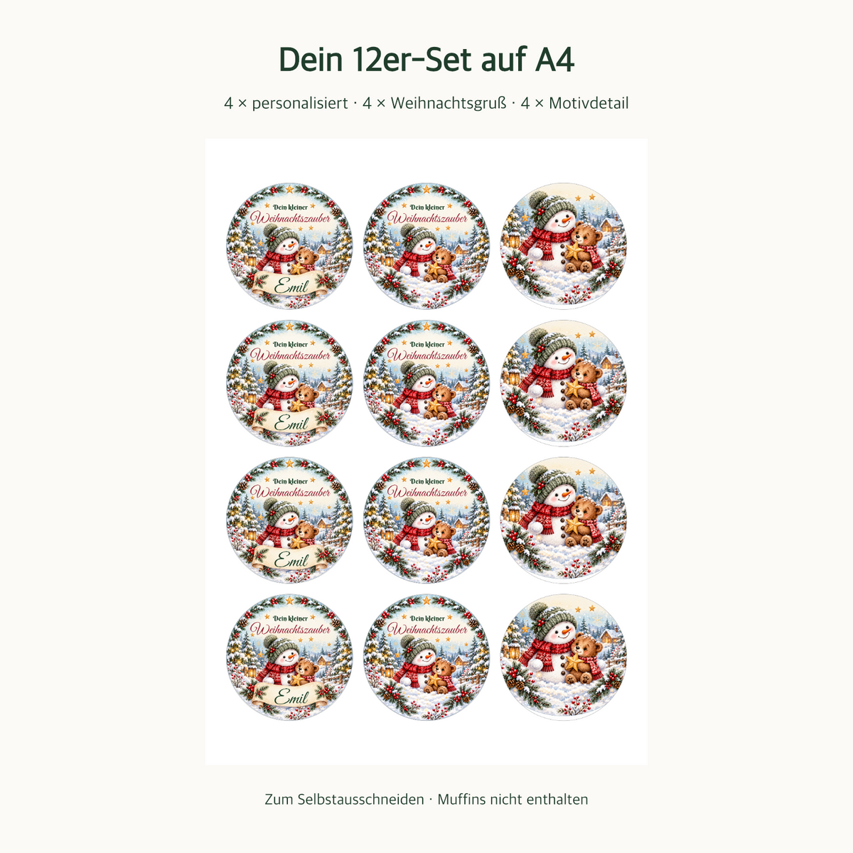 MUCKKI-PRO:4583ee86c173ced181521b486fd3a915f99ea54b371ff942138cfc3333c6ce4b:Muffinaufleger Weihnachten Schneemann & Bär – 12 Stück à 6 cm mit Wunschname