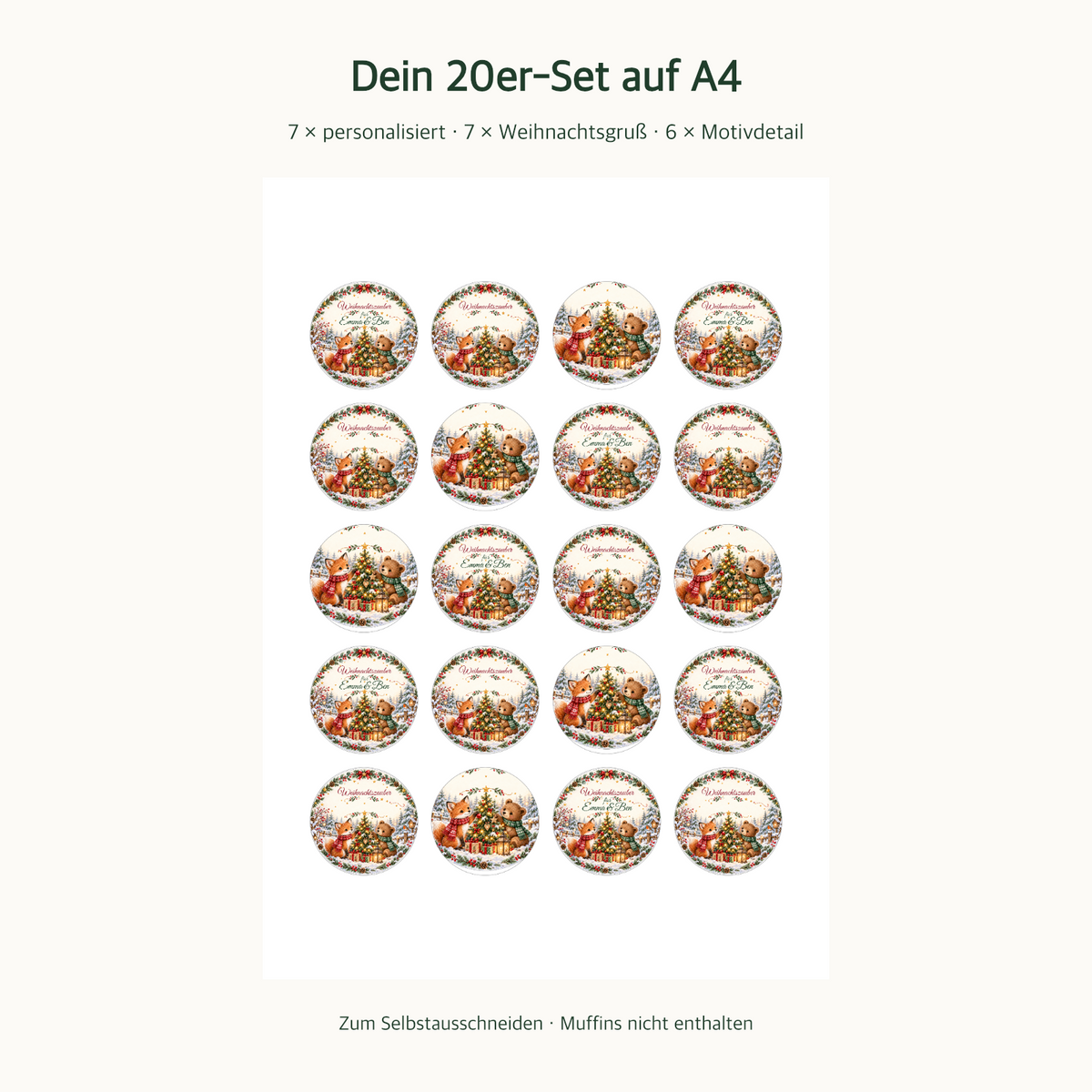 MUCKKI-PRO:df03e9003a0906cf80fb98213f76bd2d562b03c41990206b2884f221a5ec8ae5:Muffinaufleger Weihnachten Fuchs & Bär – personalisiert mit Wunschnamen – 4 cm oder 6 cm