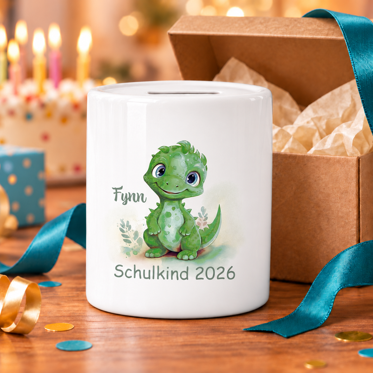 MUCKKI-PRO:31f18e3905a75944a216879be74fe43044ac4945cec2795054d7a15ab8d01d1b:Spardose mit Wunschname Schulanfang 11 Dino2 personalisiert