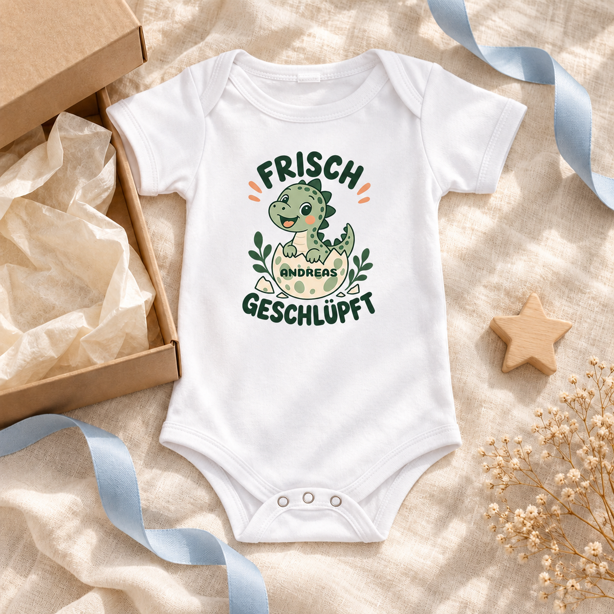 Personalisierter Babybody „Frisch Geschlüpft“ mit deinem Wunschnamen – 03/06M (60/67)