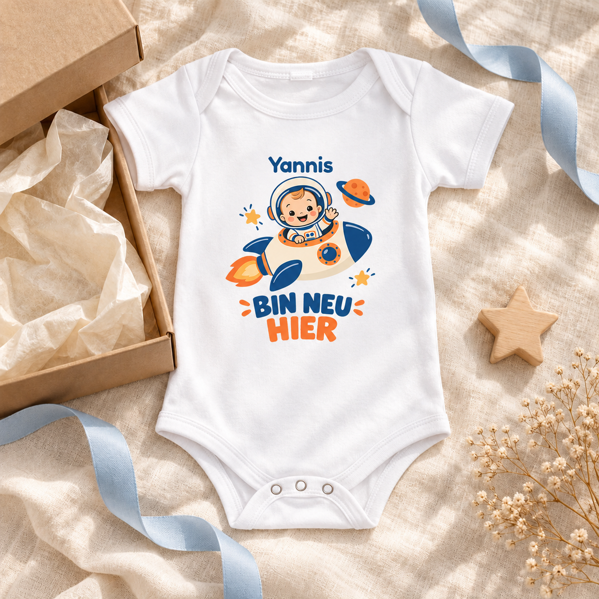 MUCKKI-PRO:f4dd8e713c29644765ab452dfe057dfe50a25c98084a368e24e089c26cbb70fb:Personalisierter Babybody „Astronat - BIN NEU HIER“ mit deinem Wunschnamen