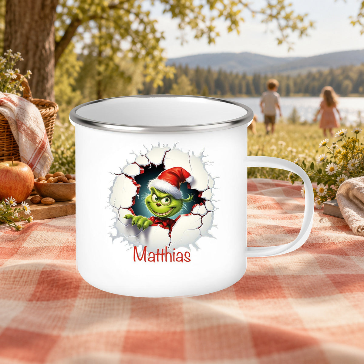 MUCKKI-PRO:7526933f311c37fa7bd15fea4919811721b2836645ad6a6bf7fe1a49467970b0:Tasse Wunschname Weihnachten Grinch 8 Emaille Kinderbecher