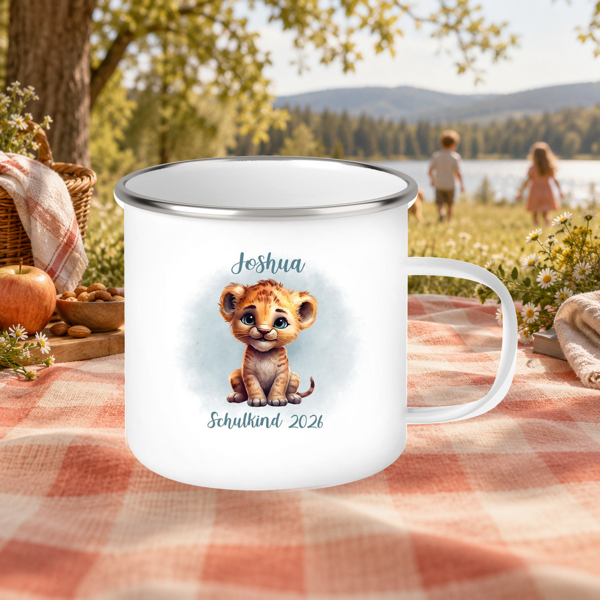MUCKKI-PRO:1792aee2ff968fc147c142afffb230c27e005637536c137a6e06c3b7bdeca8fd:Tasse Schulkind 07 Wunschname Tiger 1 Emaille Kinderbecher Personalisiert