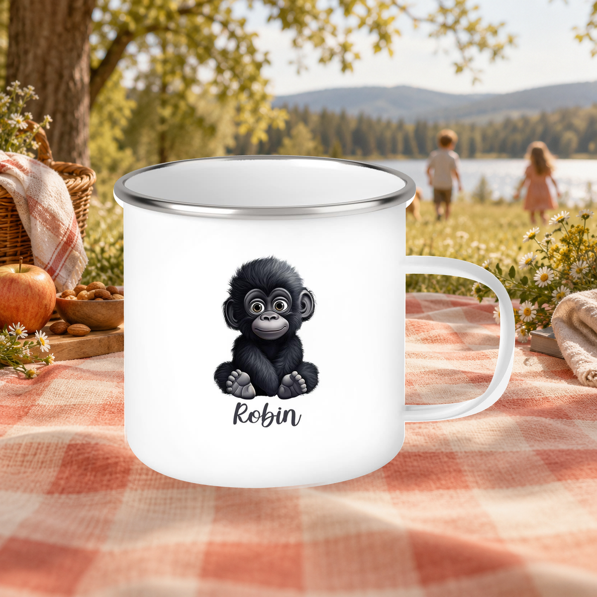 MUCKKI-PRO:f9749f144f4210f6b0e529b5caf3a46283577f20779806096445bcf192cd51c6:Tasse Wunschname Gorilla 1 Emaille Kinderbecher