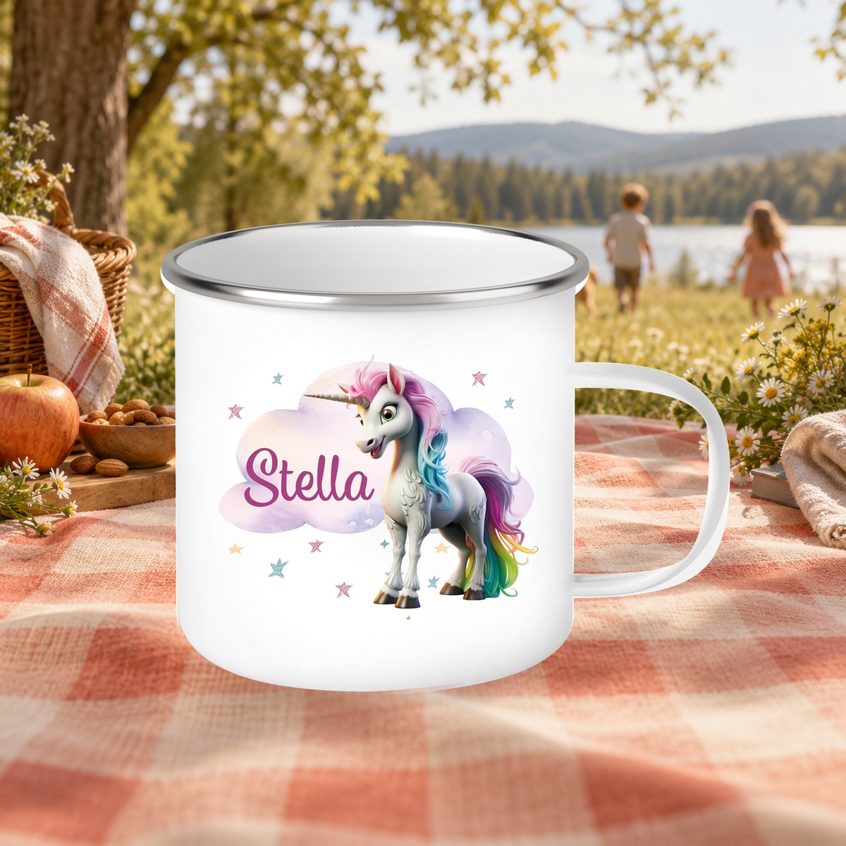 MUCKKI-PRO:ff7d31f2a999e97b7b377736d0596d7a010889b3685259de3f09b6d1964fb103:Tasse Einhorn Wolke 4 Wunschname Emaille Kinderbecher personalisiert