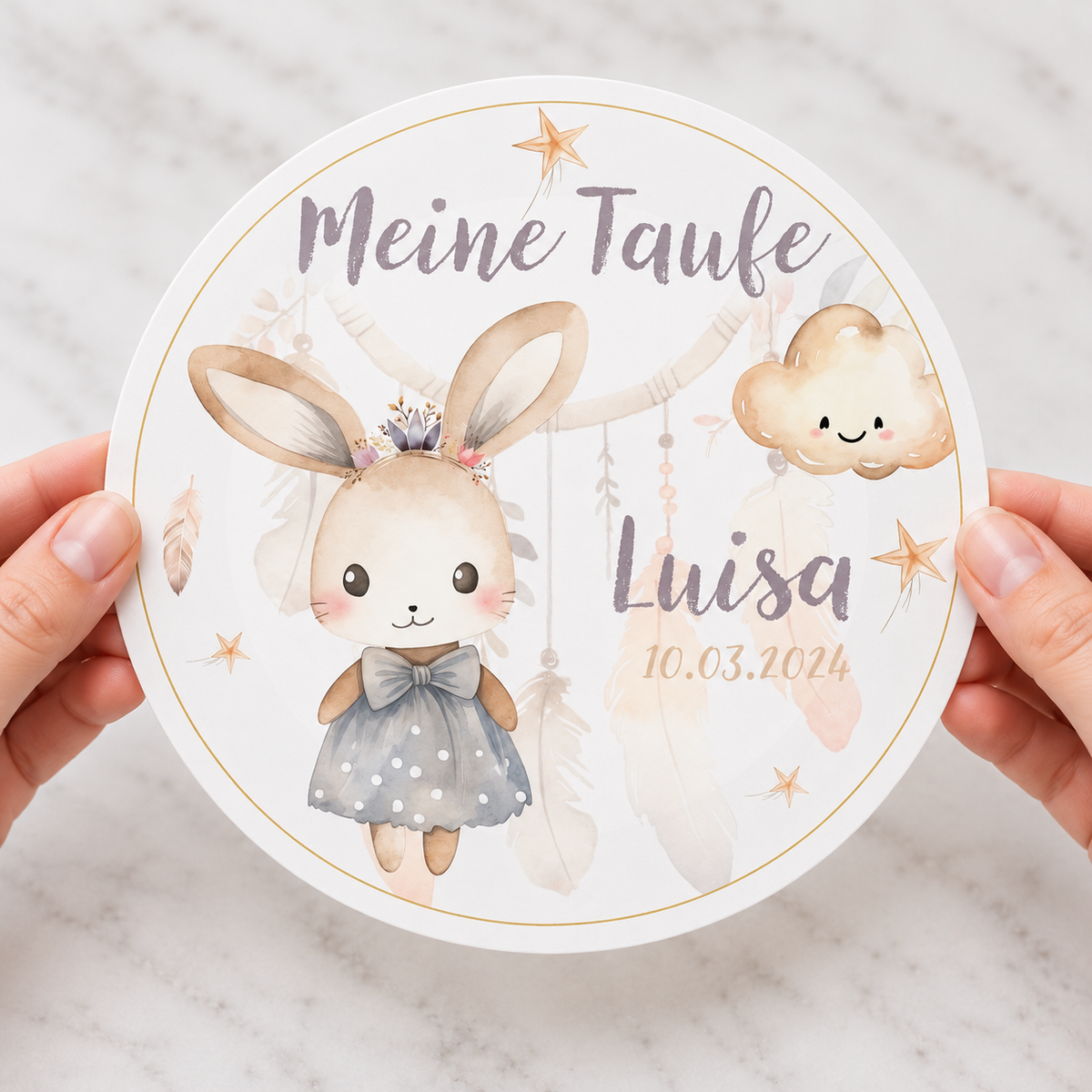 MUCKKI-PRO:f8f62d73af4c48c0b80bd626c520541070d0e942cc02f2478633a1737ef50bde:Tortenaufleger Taufe Hase 1 Name & Datum (20cm)