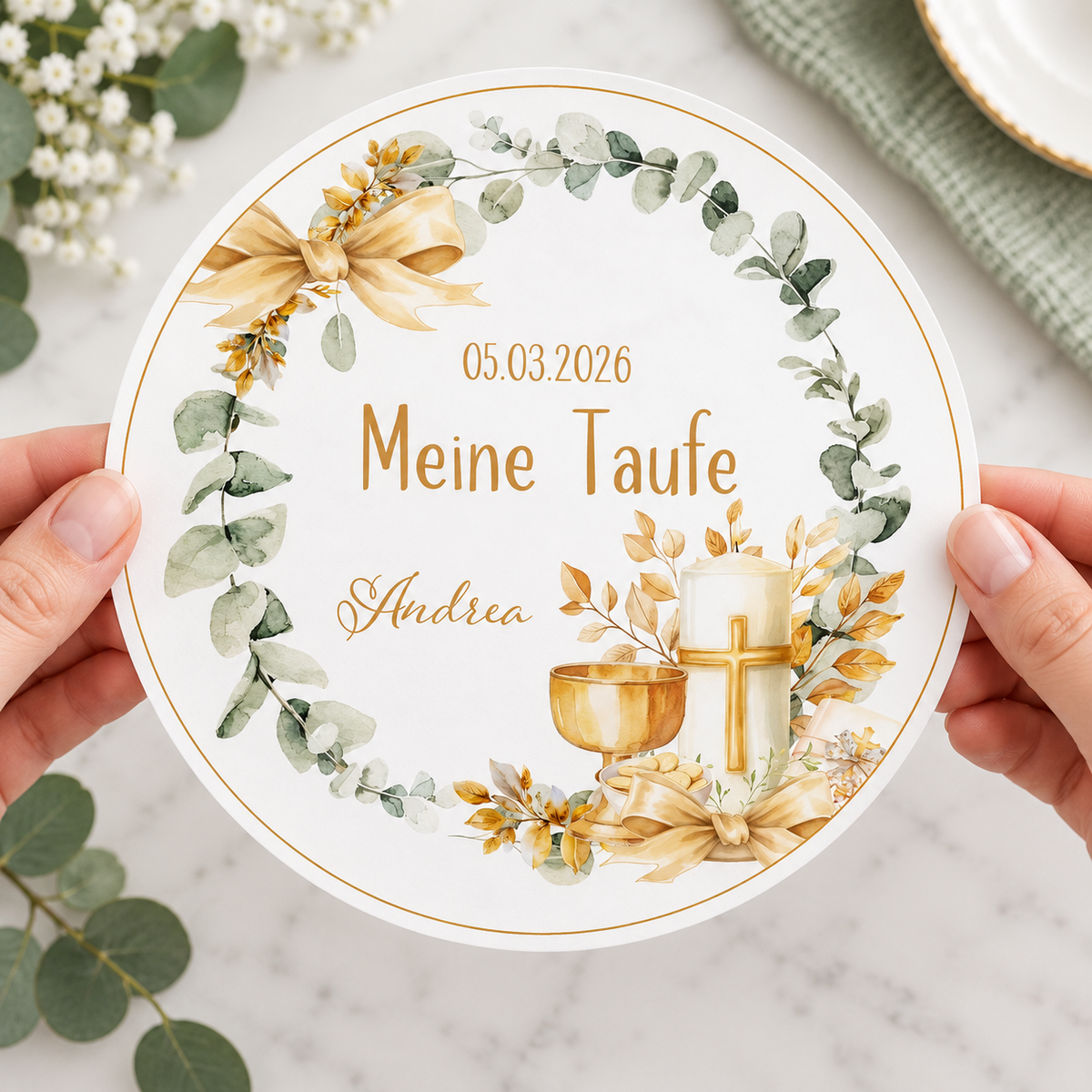 MUCKKI-PRO:0412c7d89bf85597cffcfa2d72fb9294a92c8d1d3922c6e81af467d7407fcce1:Tortenaufleger Taufe Eukalyptus 2 Name & Datum (20cm)